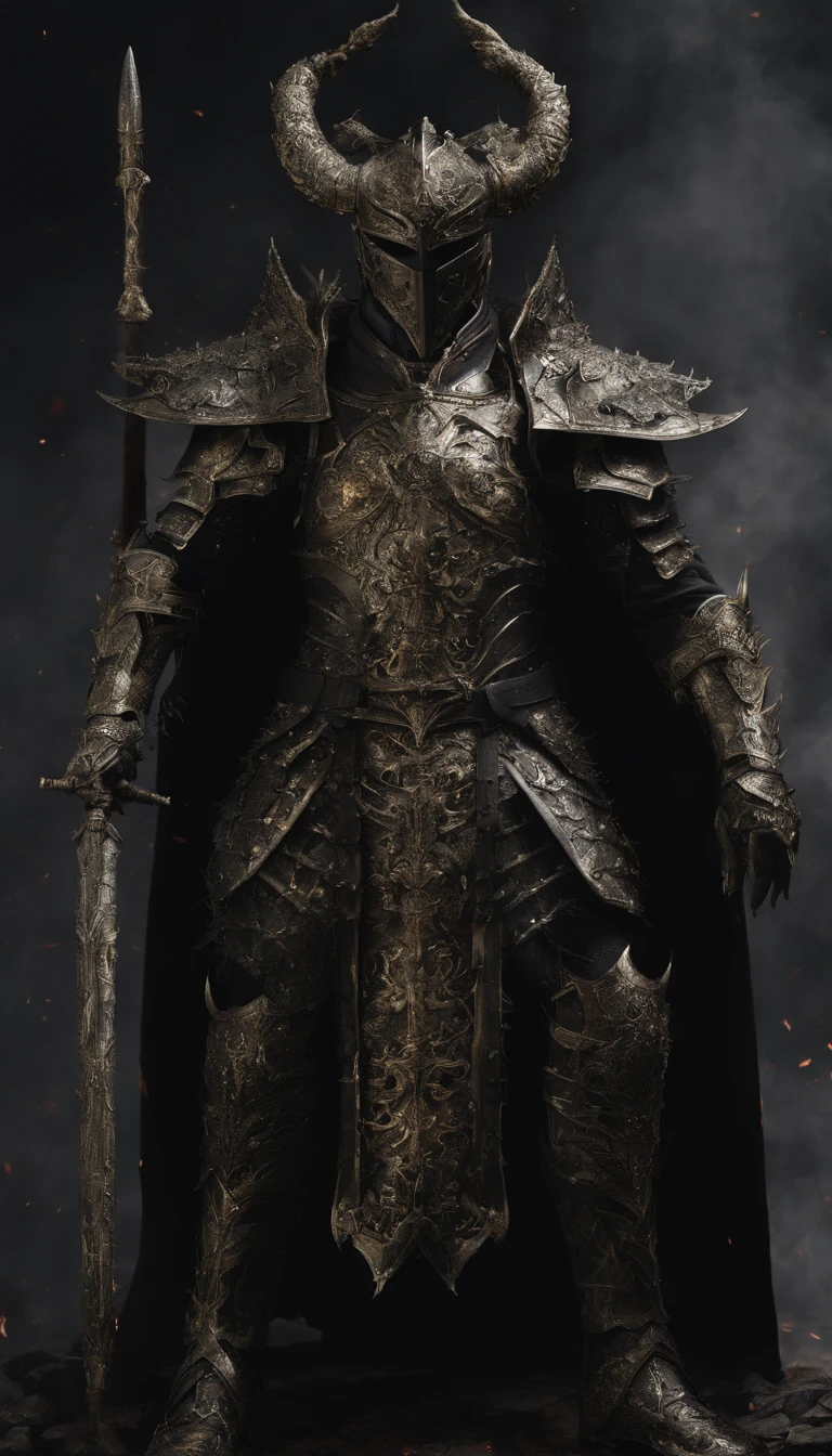 warrior, concept-art, Fantasy art, battleground background, clean render, a horned, Wear a suit of armor, Detailed bushido form smoke, helmet of a forgotten deity, character is standing, 8k Realistic, in game render, detailed face background detail, Art station front page, taur, Pseudo-medieval fantasy, A deity wearing koi armor, detailed bronze armor, Bronze armor, golden etched armor, gold obsidian armor, Light gold armor, Gorgeous filigree armor, A demonic warrior, Gorgeous armor full of thorns, Intricate assasin armor, Intricate metal armor, powerful warrior, Dressed in gorgeous gold armor,Decorated with intricate patterns, The helmet has a large crown and two horns,Glowing red eyes, Everything is in the dark, The smoky background alludes to battle scenes, Add an ominous aura to his character,submission, Full body shot.