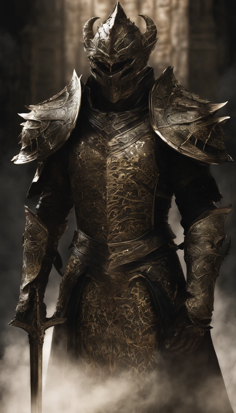 warrior, concept-art,  Fantasy art, battleground background, clean render, a horned, Wear a suit of armor, Detailed bushido form smoke, helmet of a forgotten deity, character is standing, 8k Realistic, in game render, detailed face background detail, Art station front page, taur, Pseudo-medieval fantasy, A deity wearing koi armor, detailed bronze armor, Bronze armor, golden etched armor, gold obsidian armor, Light gold armor, Gorgeous filigree armor, A demonic warrior, Gorgeous armor full of thorns, Intricate assasin armor, Intricate metal armor, powerful warrior, Dressed in gorgeous gold armor，Decorated with intricate patterns, The helmet has a large crown and two horns,Glowing red eyes， Everything is in the dark, The smoky background alludes to battle scenes, Add an ominous aura to his character，submission, Full body shot.