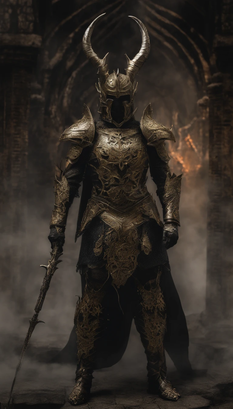 warrior, concept-art, Fantasy art, battleground background, clean render, a horned, Wear a suit of armor, Detailed bushido form smoke, helmet of a forgotten deity, character is standing, 8k Realistic, in game render, detailed face background detail, Art station front page, taur, Pseudo-medieval fantasy, A deity wearing koi armor, detailed bronze armor, Bronze armor, golden etched armor, gold obsidian armor, Light gold armor, Gorgeous filigree armor, A demonic warrior, Gorgeous armor full of thorns, Intricate assasin armor, Intricate metal armor, powerful warrior, Dressed in gorgeous gold armor,Decorated with intricate patterns, The helmet has a large crown and two horns,Glowing red eyes, Everything is in the dark, The smoky background alludes to battle scenes, Add an ominous aura to his character,submission, Full body shot.