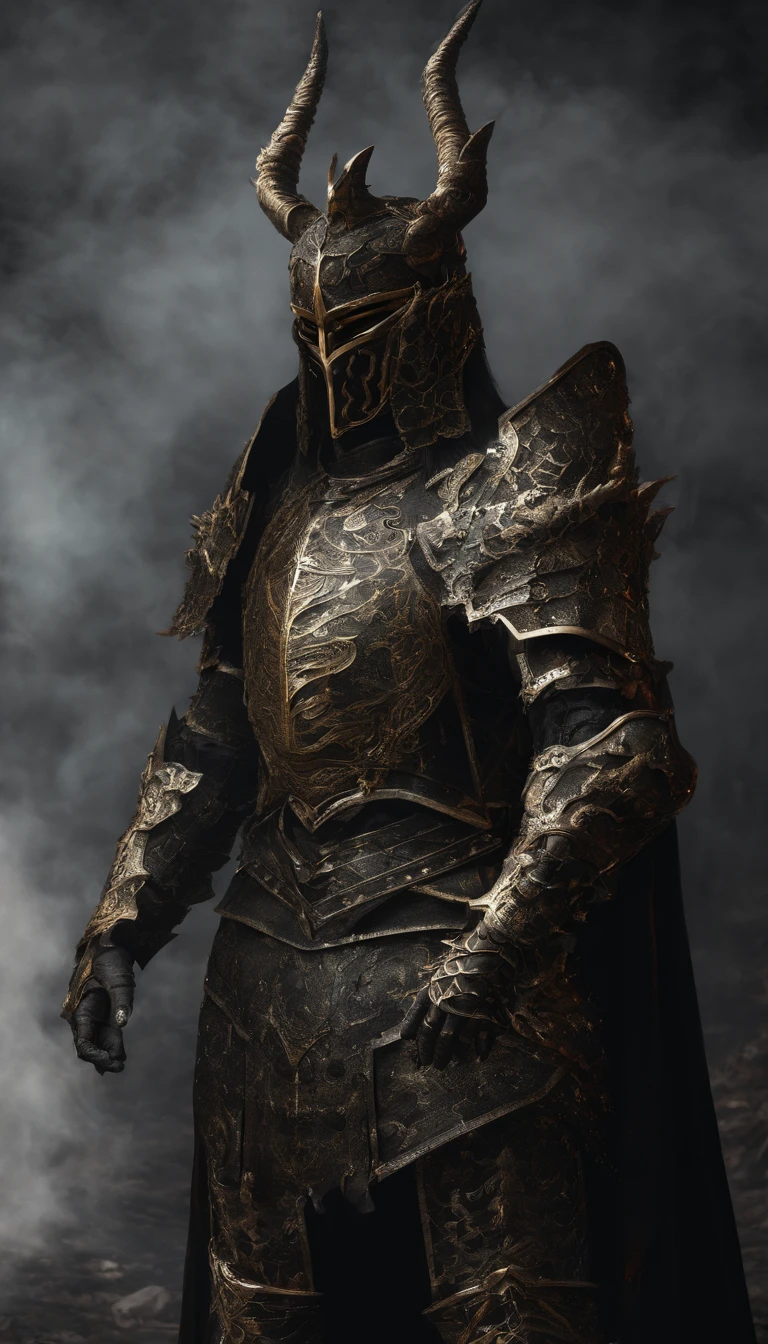warrior, concept-art, Fantasy art, battleground background, clean render, a horned, Wear a suit of armor, Detailed bushido form smoke, helmet of a forgotten deity, character is standing, 8k Realistic, in game render, detailed face background detail, Art station front page, taur, Pseudo-medieval fantasy, A deity wearing koi armor, detailed bronze armor, Bronze armor, golden etched armor, gold obsidian armor, Light gold armor, Gorgeous filigree armor, A demonic warrior, Gorgeous armor full of thorns, Intricate assasin armor, Intricate metal armor, powerful warrior, Dressed in gorgeous gold armor,Decorated with intricate patterns, The helmet has a large crown and two horns,Glowing red eyes, Everything is in the dark, The smoky background alludes to battle scenes, Add an ominous aura to his character,submission, Full body shot.