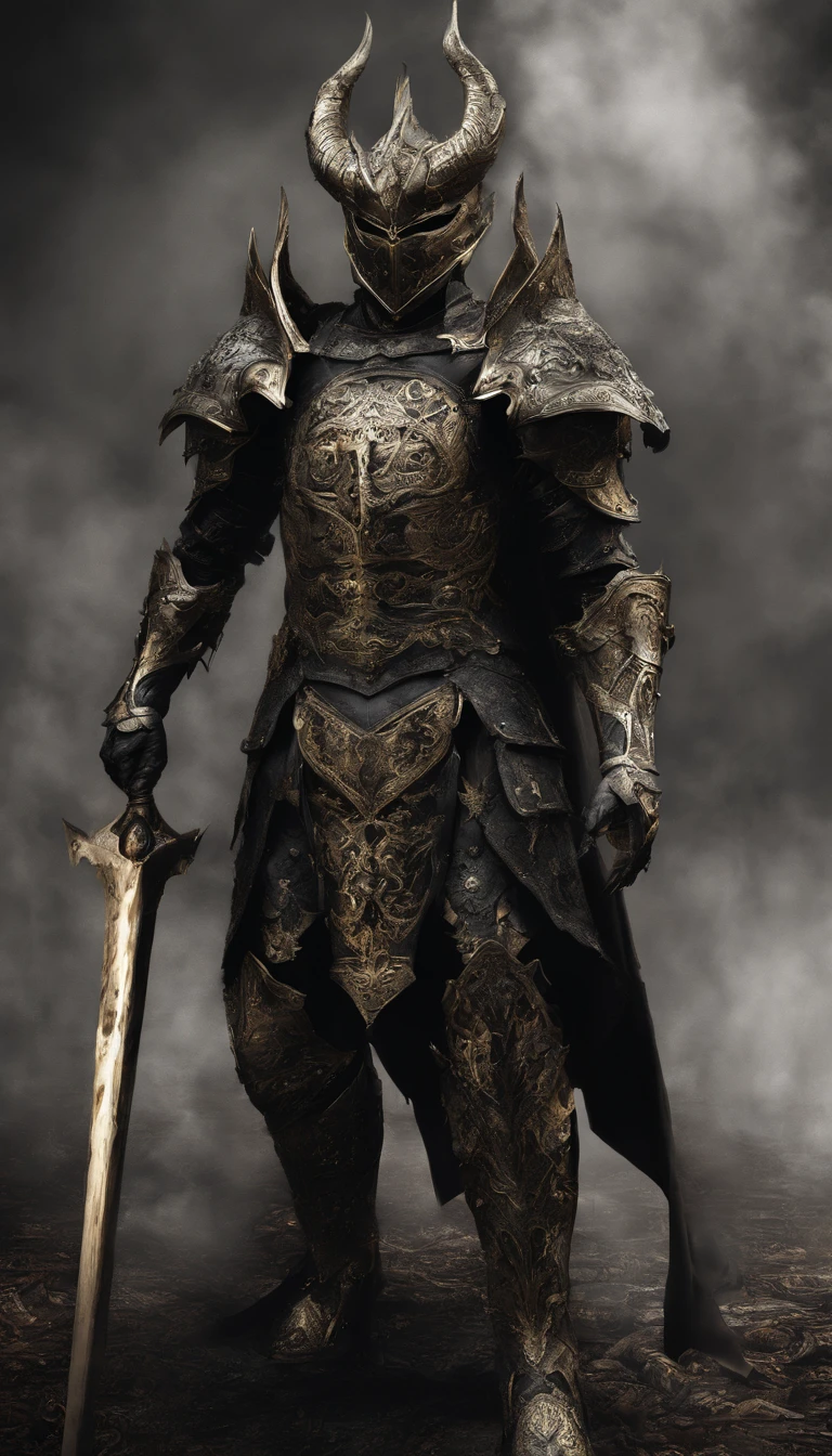 warrior, concept-art,  Fantasy art, battleground background, clean render, a horned, Wear a suit of armor, Detailed bushido form smoke, helmet of a forgotten deity, character is standing, 8k Realistic, in game render, detailed face background detail, Art station front page, taur, Pseudo-medieval fantasy, A deity wearing koi armor, detailed bronze armor, Bronze armor, golden etched armor, gold obsidian armor, Light gold armor, Gorgeous filigree armor, A demonic warrior, Gorgeous armor full of thorns, Intricate assasin armor, Intricate metal armor, powerful warrior, Dressed in gorgeous gold armor，Decorated with intricate patterns, The helmet has a large crown and two horns,Glowing red eyes， Everything is in the dark, The smoky background alludes to battle scenes, Add an ominous aura to his character，submission, Full body shot.