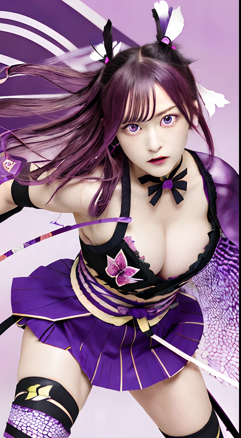 (by Olafur Eliasson:0.9) , RAW photo, light-weight (kochou shinobu, kimetsu no yaiba, haori, butterfly, ribbon, zettai ryouiki, highly detailed eyes,purple eyes,weapon, sword,cleavage:1.1) , Pink hair styled as Afro, Graphic novel, Joyful, Neo-Fauvism,
