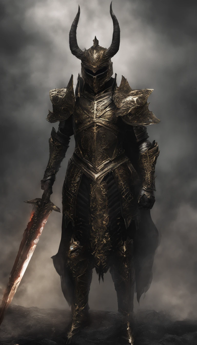 warrior, concept-art, Fantasy art, battleground background, clean render, a horned, Wear a suit of armor, Detailed bushido form smoke, helmet of a forgotten deity, character is standing, 8k Realistic, in game render, detailed face background detail, Art station front page, taur, Pseudo-medieval fantasy, A deity wearing koi armor, detailed bronze armor, Bronze armor, golden etched armor, gold obsidian armor, Light gold armor, Gorgeous filigree armor, A demonic warrior, Gorgeous armor full of thorns, Intricate assasin armor, Intricate metal armor, powerful warrior, Dressed in gorgeous gold armor,Decorated with intricate patterns, The helmet has a large crown and two horns,Glowing red eyes, Everything is in the dark, The smoky background alludes to battle scenes, Add an ominous aura to his character,submission, Full body shot.