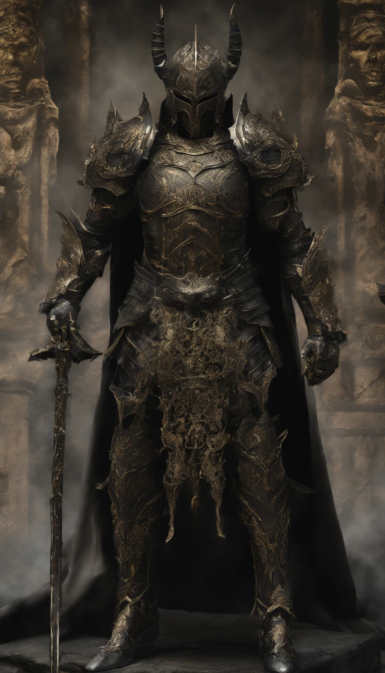 warrior, concept-art,  Fantasy art, battleground background, clean render, a horned, Wear a suit of armor, Detailed bushido form smoke, helmet of a forgotten deity, character is standing, 8k Realistic, in game render, detailed face background detail, Art station front page, taur, Pseudo-medieval fantasy, A deity wearing koi armor, detailed bronze armor, Bronze armor, golden etched armor, gold obsidian armor, Light gold armor, Gorgeous filigree armor, A demonic warrior, Gorgeous armor full of thorns, Intricate assasin armor, Intricate metal armor, powerful warrior, Dressed in gorgeous gold armor，Decorated with intricate patterns, The helmet has a large crown and two horns,Glowing red eyes， Everything is in the dark, The smoky background alludes to battle scenes, Add an ominous aura to his character，submission, Full body shot.
