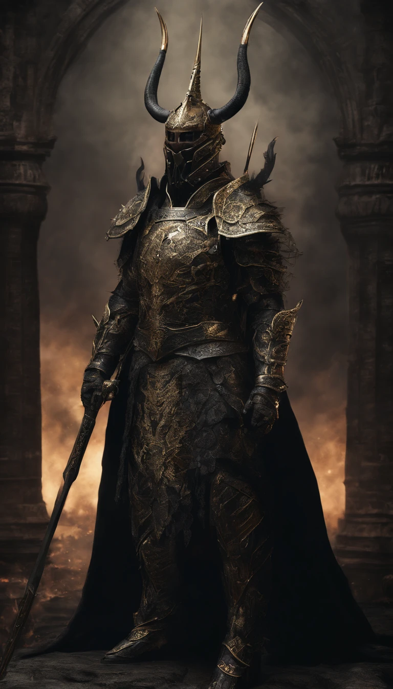 warrior, concept-art, Fantasy art, battleground background, clean render, a horned, Wear a suit of armor, Detailed bushido form smoke, helmet of a forgotten deity, character is standing, 8k Realistic, in game render, detailed face background detail, Art station front page, taur, Pseudo-medieval fantasy, A deity wearing koi armor, detailed bronze armor, Bronze armor, golden etched armor, gold obsidian armor, Light gold armor, Gorgeous filigree armor, A demonic warrior, Gorgeous armor full of thorns, Intricate assasin armor, Intricate metal armor, powerful warrior, Dressed in gorgeous gold armor,Decorated with intricate patterns, The helmet has a large crown and two horns,Glowing red eyes, Everything is in the dark, The smoky background alludes to battle scenes, Add an ominous aura to his character,submission, Full body shot.
