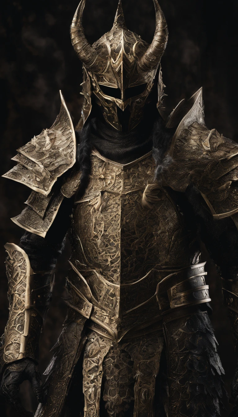 warrior, concept-art, Fantasy art, battleground background, clean render, a horned, Wear a suit of armor, Detailed bushido form smoke, helmet of a forgotten deity, character is standing, 8k Realistic, in game render, detailed face background detail, Art station front page, taur, Pseudo-medieval fantasy, A deity wearing koi armor, detailed bronze armor, Bronze armor, golden etched armor, gold obsidian armor, Light gold armor, Gorgeous filigree armor, A demonic warrior, Gorgeous armor full of thorns, Intricate assasin armor, Intricate metal armor, powerful warrior, Dressed in gorgeous gold armor,Decorated with intricate patterns, The helmet has a large crown and two horns,Glowing red eyes, Everything is in the dark, The smoky background alludes to battle scenes, Add an ominous aura to his character,submission, Full body shot.