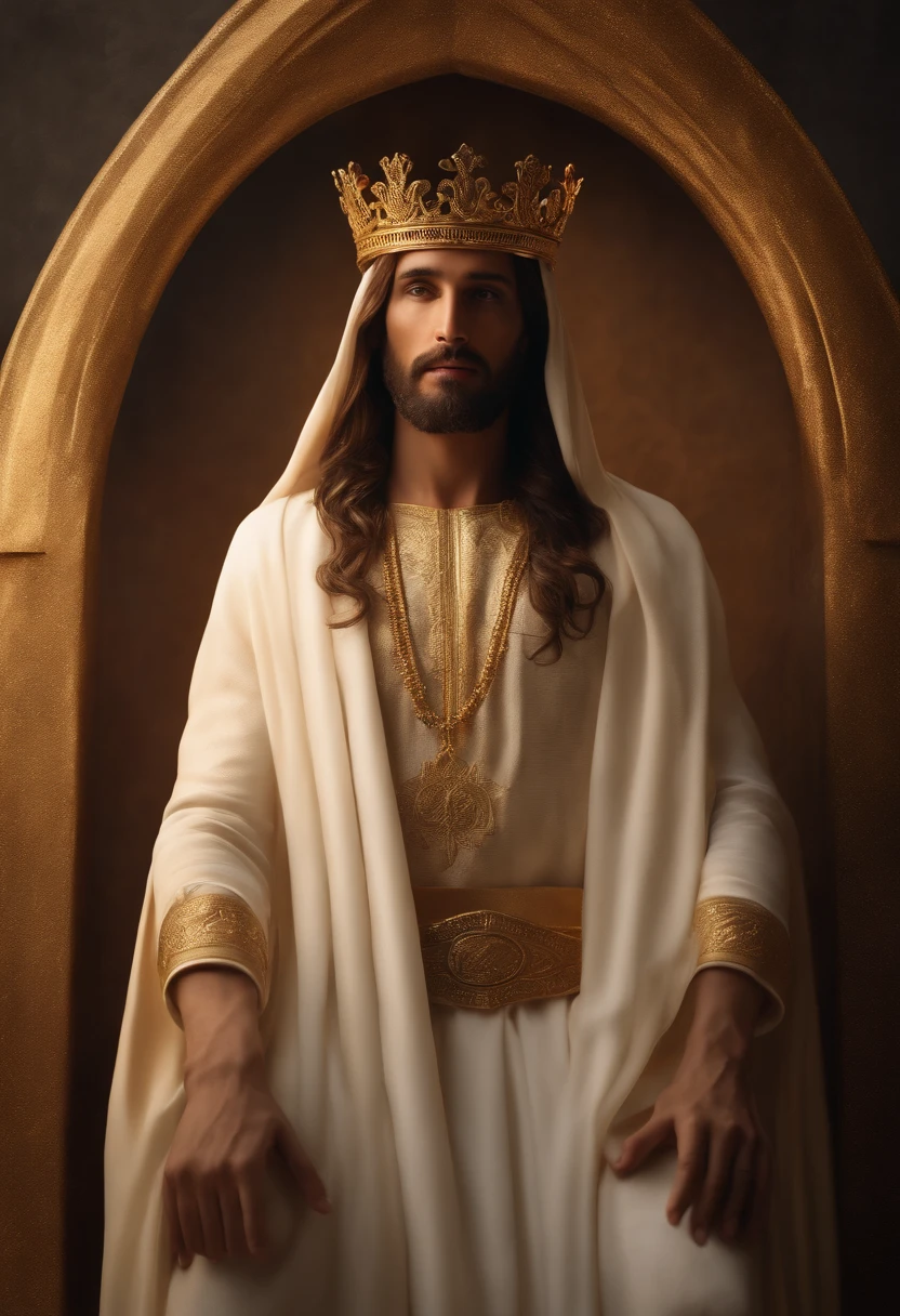 In a majestic portrayal, Jesus is seated on a golden throne, clad in white robes radiating purity and divinity. His head is adorned with a golden crown, symbolizing His sovereignty. He gazes with love and compassion upon the world humbly resting beneath His feet, representing His spiritual supremacy and role as Savior. The image evokes a sense of reverence and adoration in the presence of the power and grace of Jesus Christ. Cinematic realistic portrait, bonito rosto detalhado, rosto realista altamente detalhado, Rosto altamente detalhado de 8k, retrato de rosto detalhado realista, 8k portrait render, sharp high detail face, realistic face moody lighting, rosto realista detalhado, rosto realista humano, Retrato VFX altamente detalhado, rosto detalhado e realista, rosto realista e detalhado