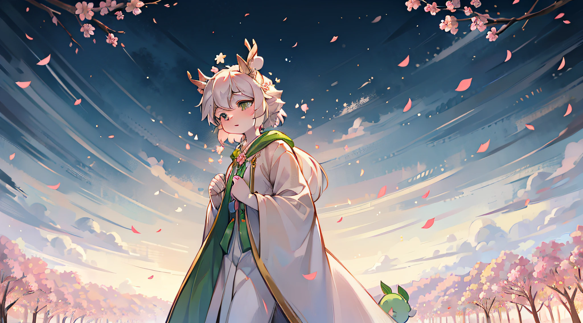 A white deer,green pupills,facing away from the audience,long white robe,Look up at the sky,Peach blossom tree,falling flower petals,nigth,white clothes