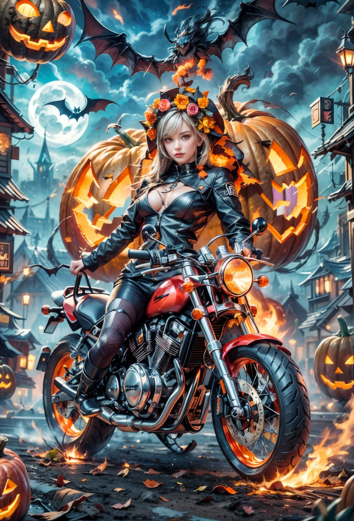 offcial art, Unity 8k壁纸, ultra - detailed, Beautiful and beautiful, tmasterpiece, best qualtiy, 1.4x realism,Halloween Dream Night,A pumpkin-headed motorcyclist,Pumpkin Head's eyes flickered with fire,Burning chains are wrapped around its body,Akirabik,Composed of fire elements,Riding his black futuristic pumpkin motorcycle,Gallop on the plains,The whole vehicle consists of an Akirabike with the fire element,riding motorcycles,Cyberpunk Halloween cityscape,Epic screen