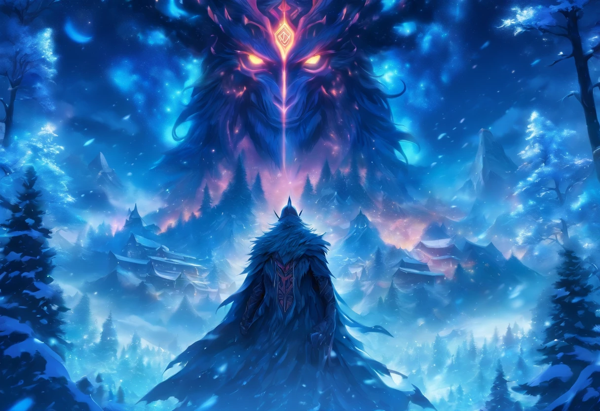 a melhor qualidade, Very high resolution, CG 4K detalhado, piece of master, Odin, Norse God, idoso, Tapa-olho, Dois Corvos, tatuagens runas, neve, Tall trees, blue skies, nordic mythology, Runa Tattoo, beautiful aesthetics, Beautiful image, centrado na tela