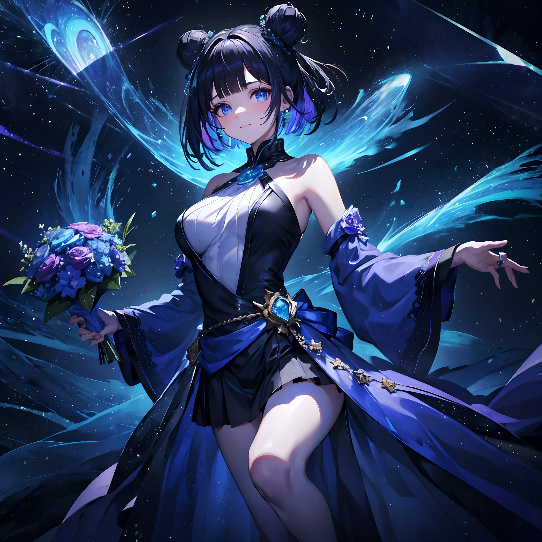 masutepiece:1.4), Rich in pH 、1girl in、 Solo、(Best Quality:1.3), High resolution, on  back,Superb view、(One Cute Girl:1.3), Solo, huge smile、A ring of iridescent angels hovers above my head、full body Esbian（3:4）Swave,Big iridescent heart on background、Angel Ring、maid clothes、Eight-headed body、Full of diamonds、Meteor swarm、crouching down、Close one eye、Forehead、wide forehead、Model Standing、Large bouquet、Bouquet of iridescent colors、holding flower bouquet、Focus on eye brightness、yogapose、Gray hair, (bobhair:1.2), Mixed mesh and light blue、Bun hair, (Blunt bangs:1.2), Eyes are purple, Miraculous Eye、Light from the eyes、Beautiful detailed eyes, ultradetailed eyes、Glitter eyes,from the rear、yoga、Colorful starry sky,Stars,Iridescent aura around the eyes、Raise your hand to stretch、Lie down and stick your hips out、Iridescent eyes、Wearing a rainbow-colored aura from the whole body、 Shadow lighting,perfectbody