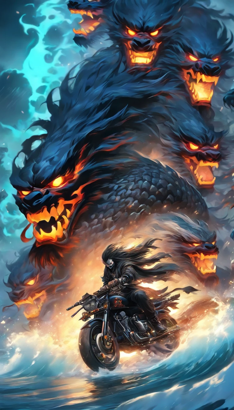 China-style,中景 the scene is,The Taoist priest stood in front of the huge roaring water monster,blue colors,Stretch your hands,Long messy hair,Glow effects,Hyper-realistic,Ultra photo realsisim,Chinese black and white ink style,Silver,Decolorization,Smudge,ink,8K,super-fine,high qulity,The OC renderer is the best quality, Masterpiece, 超高分辨率, (Photorealistic:1.4), RAW photo, (Perfect body shape), (Slim:1.2), Close-up of a man on a motorcycle,Ancient Chinese gold armor and masks,Red scarf, Ghost Rider,Holding a Guan Gong knife, halloween art style, halloween theme, motorcycle concept art, background artwork, Motorcycles, biker, halloween atmosphere, halloween night, Halloween, jack - o'- lantern, halloween scene, spooky halloween theme, heavy metal art style, halloween celebration, harley davidson, 《Dark Bloods》Halloween-themed dynamic poses, Plaid mini skirt, In the dark, Night, On the street, deepshadow, low tune, Cold light 12000K