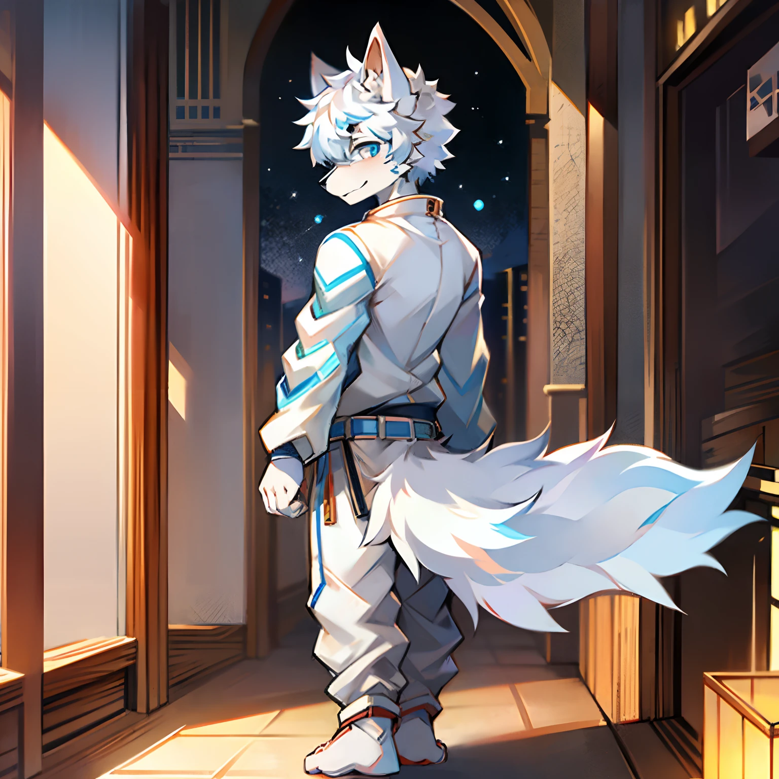 eyes with brightness, Character focus，Full body like，独奏,solo person，standing on your feet，Correct human anatomy。male people，Furry male wolf，eyes blue，White-colored skin， White hair，White animal ears，leisure wear，年轻， There is a wolf tail，Abs，k hd，8K，1440*2048