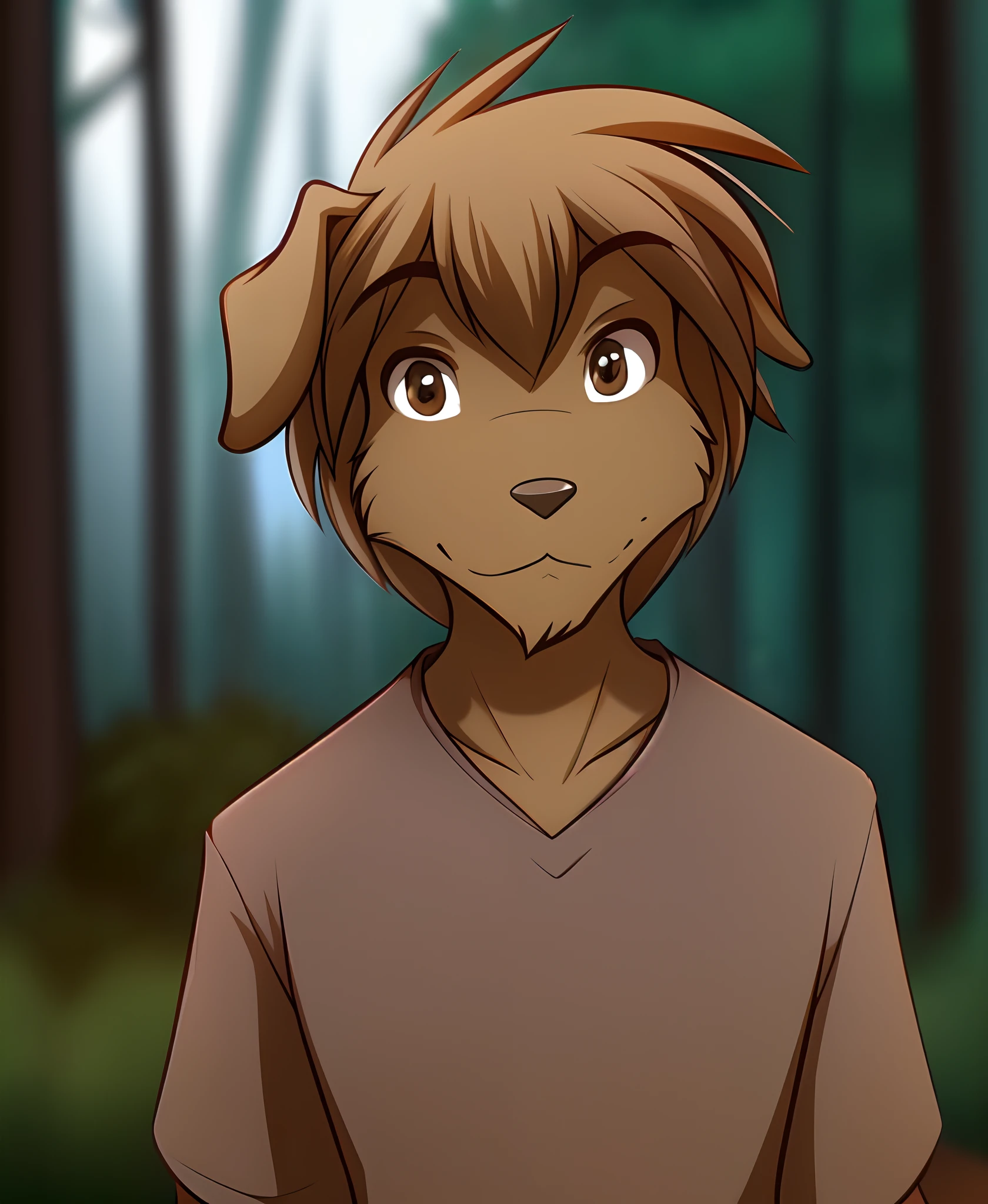 evals-twokinds, twokinds, by tom_fischbach,, (best quality, masterpiece:1), solo, furry male anthro, brown eyes, short hair, brown hair, portrait, fingers, finger claws, looking at viewer, wolf , dog tail, floppy ears (outdoors dark forest trees blurry blurred background:1.1), brown shirt, brown pants