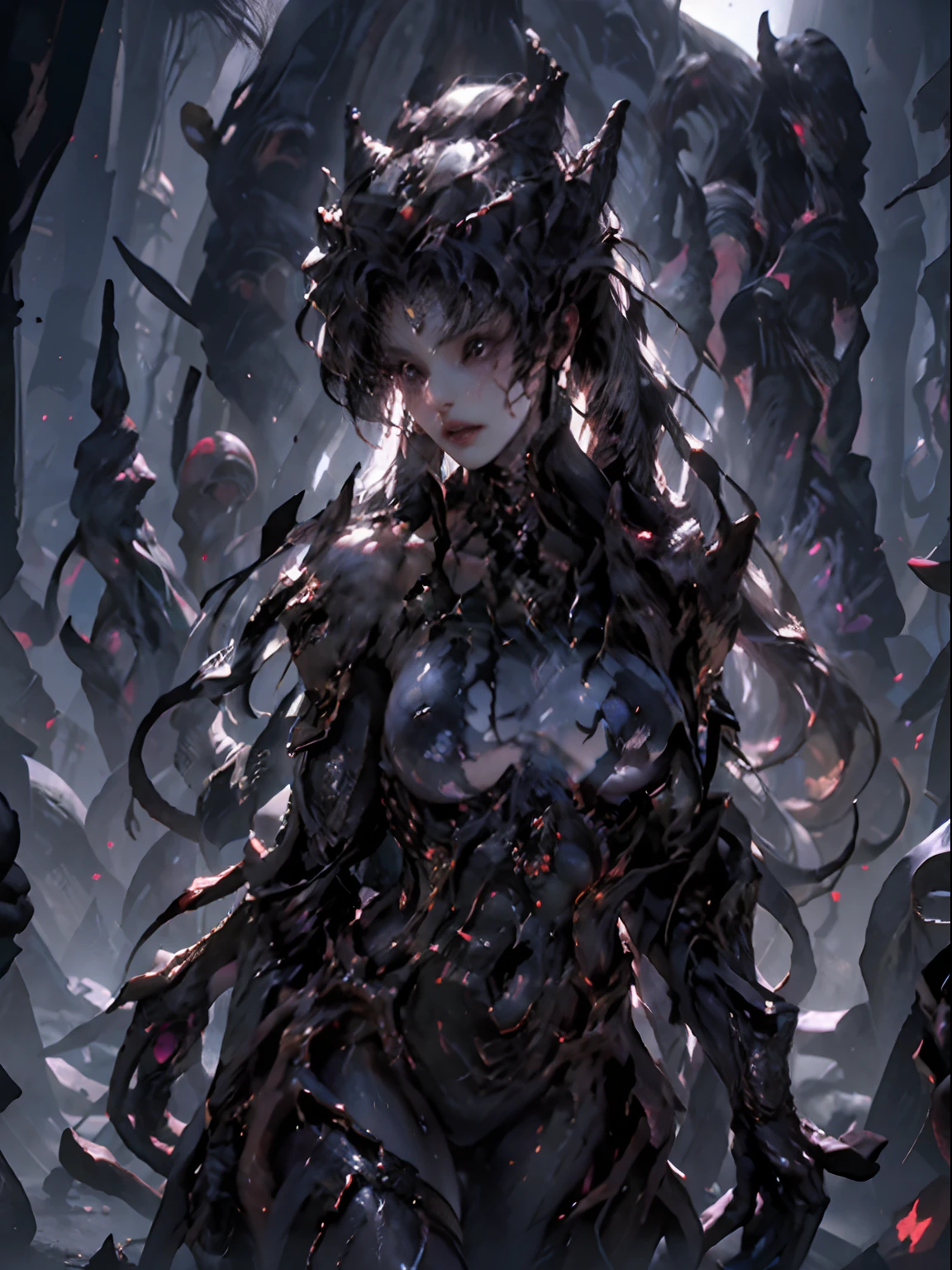 Dark and damp underground adventure lair，Charming and beautiful dark auditorium，Queen Lilith，Crystal silicone protective pad，A masterpiece of gray marble statues，Puffiness of the upper body，Slender legs，Samus，Rose gold ponytail，Stone bench，Face the camera，drenched clothes，Half squat on both legs