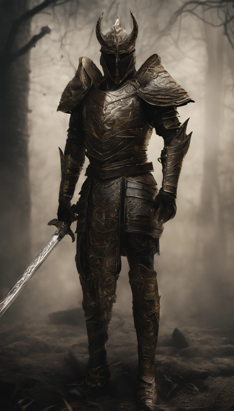 warrior, concept-art,  Fantasy art, battleground background, clean render, a horned, Wear a suit of armor, Detailed bushido form smoke, helmet of a forgotten deity, character is standing, 8k Realistic, in game render, detailed face background detail, Art station front page, taur, Pseudo-medieval fantasy, A deity wearing koi armor, detailed bronze armor, Bronze armor, golden etched armor, gold obsidian armor, Light gold armor, Gorgeous filigree armor, A demonic warrior, Gorgeous armor full of thorns, Intricate assasin armor, Intricate metal armor, powerful warrior, Dressed in gorgeous gold armor，Decorated with intricate patterns, The helmet has a large crown and two horns,Glowing red eyes， Everything is in the dark, The smoky background alludes to battle scenes, Add an ominous aura to his character，submission, Full body shot.