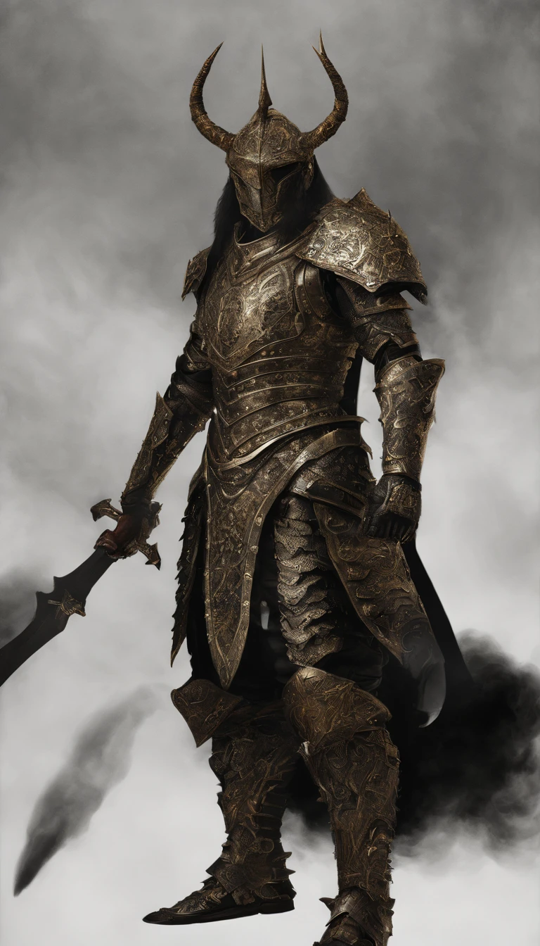 warrior, concept-art, Fantasy art, battleground background, clean render, a horned, Wear a suit of armor, Detailed bushido form smoke, helmet of a forgotten deity, character is standing, 8k Realistic, in game render, detailed face background detail, Art station front page, taur, Pseudo-medieval fantasy, A deity wearing koi armor, detailed bronze armor, Bronze armor, golden etched armor, gold obsidian armor, Light gold armor, Gorgeous filigree armor, A demonic warrior, Gorgeous armor full of thorns, Intricate assasin armor, Intricate metal armor, powerful warrior, Dressed in gorgeous gold armor,Decorated with intricate patterns, The helmet has a large crown and two horns,Glowing red eyes, Everything is in the dark, The smoky background alludes to battle scenes, Add an ominous aura to his character,submission, Full body shot.