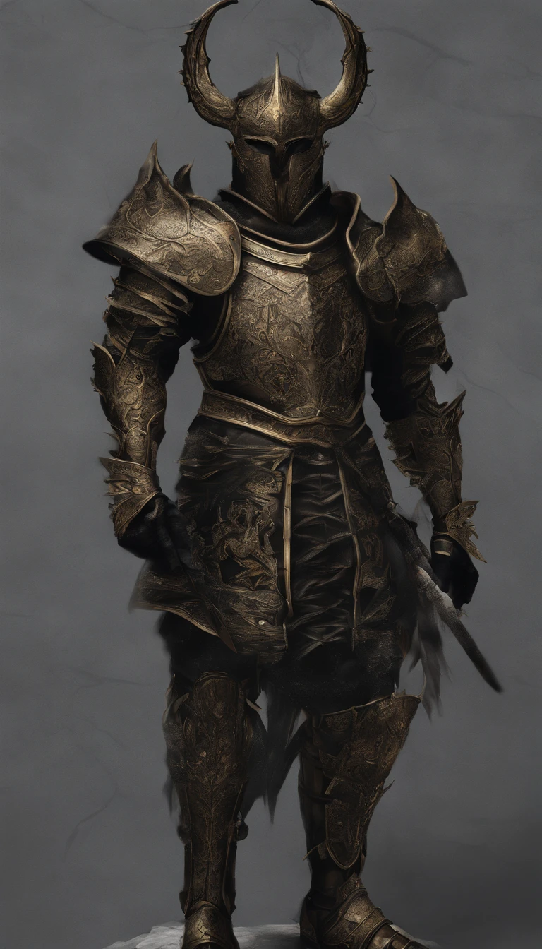 warrior, concept-art, Fantasy art, battleground background, clean render, a horned, Wear a suit of armor, Detailed bushido form smoke, helmet of a forgotten deity, character is standing, 8k Realistic, in game render, detailed face background detail, Art station front page, taur, Pseudo-medieval fantasy, A deity wearing koi armor, detailed bronze armor, Bronze armor, golden etched armor, gold obsidian armor, Light gold armor, Gorgeous filigree armor, A demonic warrior, Gorgeous armor full of thorns, Intricate assasin armor, Intricate metal armor, powerful warrior, Dressed in gorgeous gold armor,Decorated with intricate patterns, The helmet has a large crown and two horns,Glowing red eyes, Everything is in the dark, The smoky background alludes to battle scenes, Add an ominous aura to his character,submission, Full body shot.