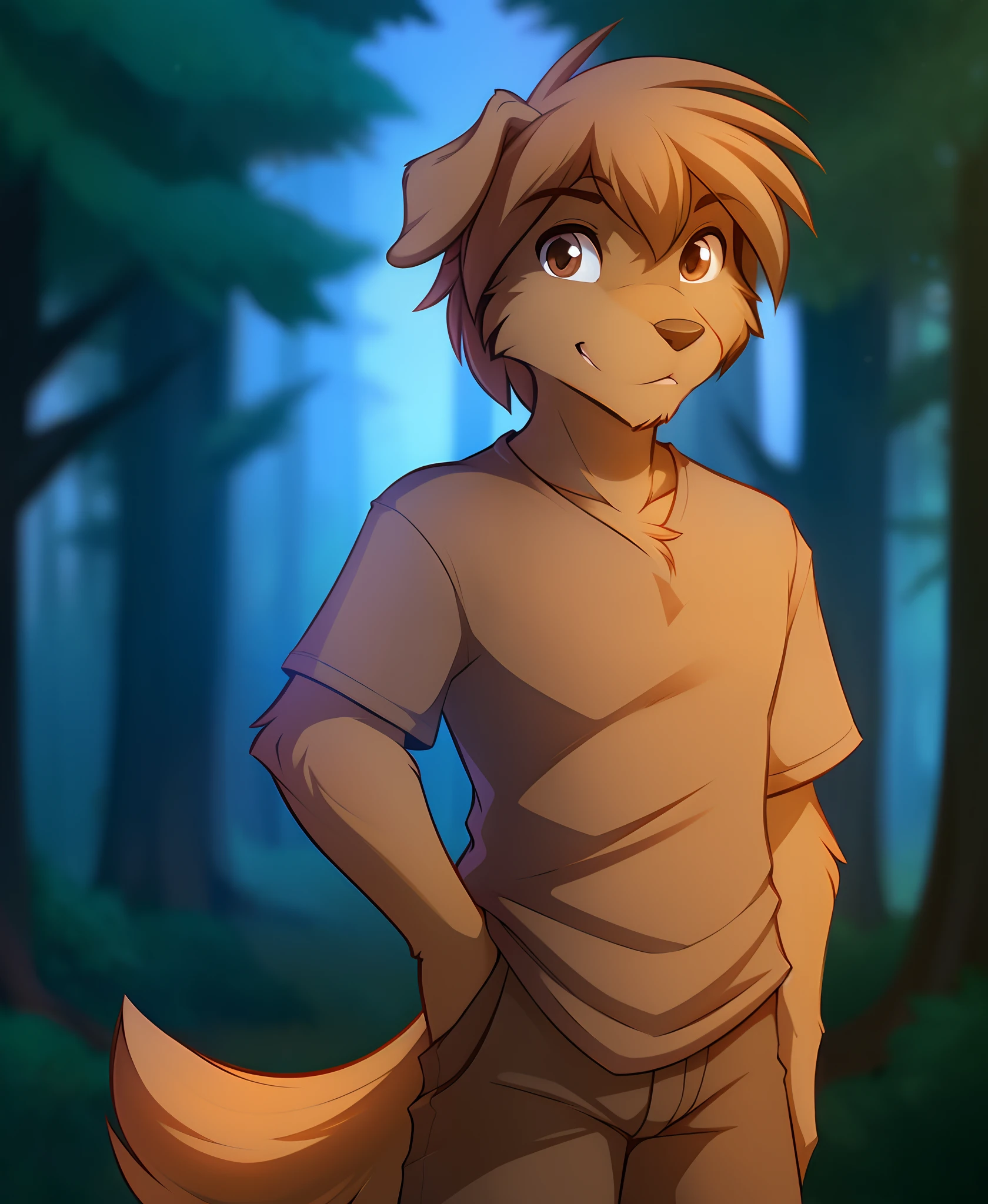 evals-twokinds, twokinds, by tom_fischbach,, (best quality, masterpiece:1), solo, furry male anthro, brown eyes, short hair, brown hair, portrait, fingers, finger claws, looking at viewer, wolf , dog tail, floppy ears (outdoors dark forest trees blurry blurred background:1.1), brown shirt, brown pants