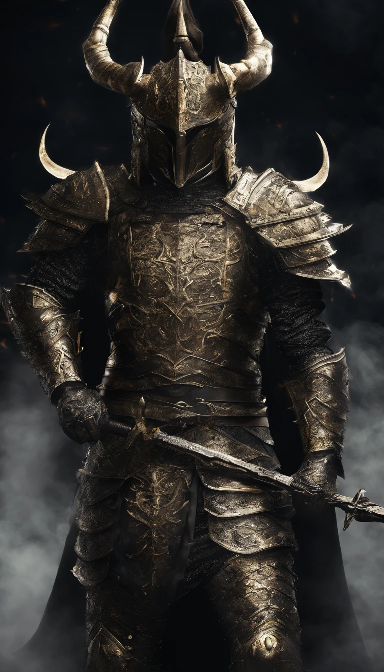 warrior, concept-art,  Fantasy art, battleground background, clean render, a horned, Wear a suit of armor, Detailed bushido form smoke, helmet of a forgotten deity, character is standing, 8k Realistic, in game render, detailed face background detail, Art station front page, taur, Pseudo-medieval fantasy, A deity wearing koi armor, detailed bronze armor, Bronze armor, golden etched armor, gold obsidian armor, Light gold armor, Gorgeous filigree armor, A demonic warrior, Gorgeous armor full of thorns, Intricate assasin armor, Intricate metal armor, powerful warrior, Dressed in gorgeous gold armor，Decorated with intricate patterns, The helmet has a large crown and two horns,Glowing red eyes， Everything is in the dark, The smoky background alludes to battle scenes, Add an ominous aura to his character，submission, Full body shot.