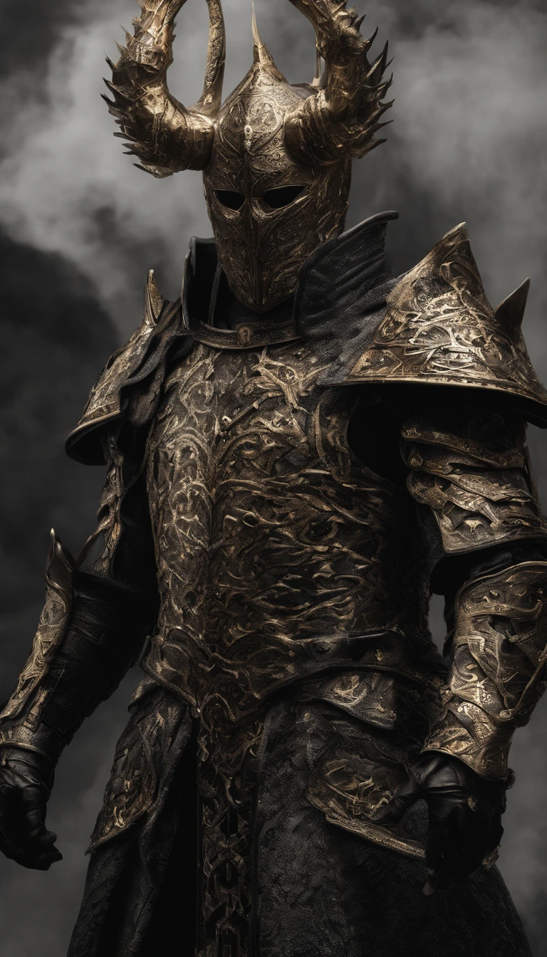 warrior, concept-art, Fantasy art, battleground background, clean render, a horned, Wear a suit of armor, Detailed bushido form smoke, helmet of a forgotten deity, character is standing, 8k Realistic, in game render, detailed face background detail, Art station front page, taur, Pseudo-medieval fantasy, A deity wearing koi armor, detailed bronze armor, Bronze armor, golden etched armor, gold obsidian armor, Light gold armor, Gorgeous filigree armor, A demonic warrior, Gorgeous armor full of thorns, Intricate assasin armor, Intricate metal armor, powerful warrior, Dressed in gorgeous gold armor,Decorated with intricate patterns, The helmet has a large crown and two horns,Glowing red eyes, Everything is in the dark, The smoky background alludes to battle scenes, Add an ominous aura to his character,submission, Full body shot.