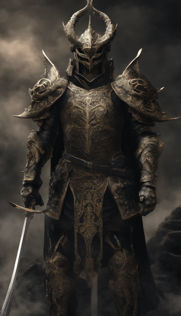 warrior, concept-art, Fantasy art, battleground background, clean render, a horned, Wear a suit of armor, Detailed bushido form smoke, helmet of a forgotten deity, character is standing, 8k Realistic, in game render, detailed face background detail, Art station front page, taur, Pseudo-medieval fantasy, A deity wearing koi armor, detailed bronze armor, Bronze armor, golden etched armor, gold obsidian armor, Light gold armor, Gorgeous filigree armor, A demonic warrior, Gorgeous armor full of thorns, Intricate assasin armor, Intricate metal armor, powerful warrior, Dressed in gorgeous gold armor,Decorated with intricate patterns, The helmet has a large crown and two horns,Glowing red eyes, Everything is in the dark, The smoky background alludes to battle scenes, Add an ominous aura to his character,submission, Full body shot.