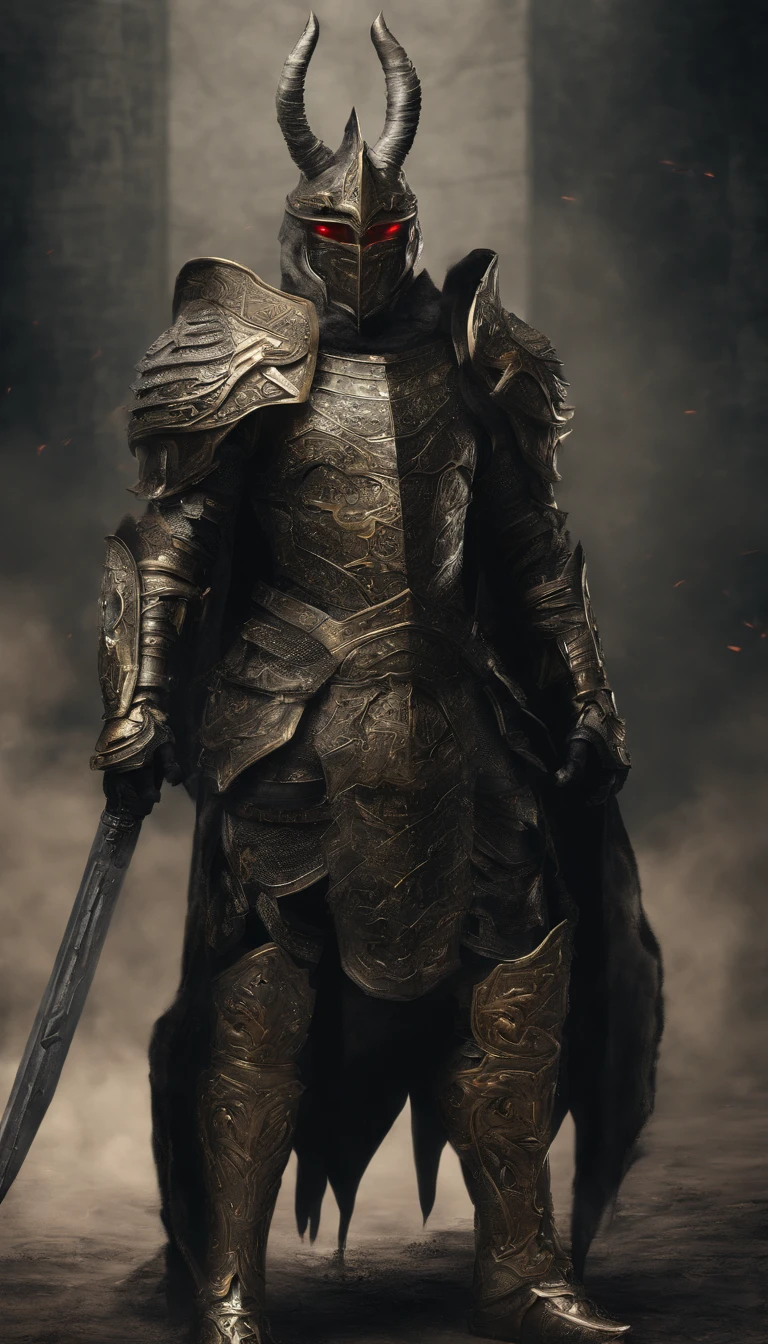 warrior, concept-art, Fantasy art, battleground background, clean render, a horned, Wear a suit of armor, Detailed bushido form smoke, helmet of a forgotten deity, character is standing, 8k Realistic, in game render, detailed face background detail, Art station front page, taur, Pseudo-medieval fantasy, A deity wearing koi armor, detailed bronze armor, Bronze armor, golden etched armor, gold obsidian armor, Light gold armor, Gorgeous filigree armor, A demonic warrior, Gorgeous armor full of thorns, Intricate assasin armor, Intricate metal armor, powerful warrior, Dressed in gorgeous gold armor,Decorated with intricate patterns, The helmet has a large crown and two horns,Glowing red eyes, Everything is in the dark, The smoky background alludes to battle scenes, Add an ominous aura to his character,submission, Full body shot.