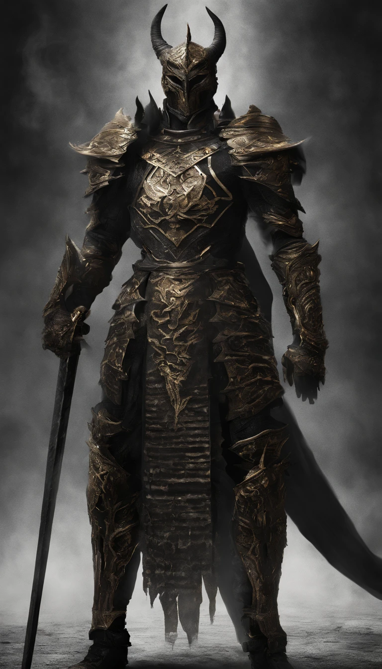 warrior, concept-art, Fantasy art, battleground background, clean render, a horned, Wear a suit of armor, Detailed bushido form smoke, helmet of a forgotten deity, character is standing, 8k Realistic, in game render, detailed face background detail, Art station front page, taur, Pseudo-medieval fantasy, A deity wearing koi armor, detailed bronze armor, Bronze armor, golden etched armor, gold obsidian armor, Light gold armor, Gorgeous filigree armor, A demonic warrior, Gorgeous armor full of thorns, Intricate assasin armor, Intricate metal armor, powerful warrior, Dressed in gorgeous gold armor,Decorated with intricate patterns, The helmet has a large crown and two horns,Glowing red eyes, Everything is in the dark, The smoky background alludes to battle scenes, Add an ominous aura to his character,submission, Full body shot.