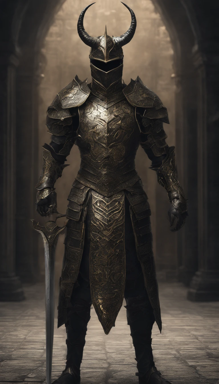 warrior, concept-art, Fantasy art, battleground background, clean render, a horned, Wear a suit of armor, Detailed bushido form smoke, helmet of a forgotten deity, character is standing, 8k Realistic, in game render, detailed face background detail, Art station front page, taur, Pseudo-medieval fantasy, A deity wearing koi armor, detailed bronze armor, Bronze armor, golden etched armor, gold obsidian armor, Light gold armor, Gorgeous filigree armor, A demonic warrior, Gorgeous armor full of thorns, Intricate assasin armor, Intricate metal armor, powerful warrior, Dressed in gorgeous gold armor,Decorated with intricate patterns, The helmet has a large crown and two horns,Glowing red eyes, Everything is in the dark, The smoky background alludes to battle scenes, Add an ominous aura to his character,submission, Full body shot.