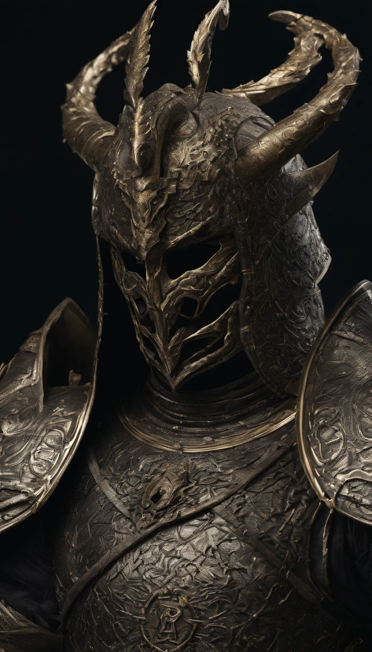 warrior, concept-art,  Fantasy art, battleground background, clean render, a horned, Wear a suit of armor, Detailed bushido form smoke, helmet of a forgotten deity, character is standing, 8k Realistic, in game render, detailed face background detail, Art station front page, taur, Pseudo-medieval fantasy, A deity wearing koi armor, detailed bronze armor, Bronze armor, golden etched armor, gold obsidian armor, Light gold armor, Gorgeous filigree armor, A demonic warrior, Gorgeous armor full of thorns, Intricate assasin armor, Intricate metal armor, powerful warrior, Dressed in gorgeous gold armor，Decorated with intricate patterns, The helmet has a large crown and two horns,Glowing red eyes， Everything is in the dark, The smoky background alludes to battle scenes, Add an ominous aura to his character，submission, Full body shot.