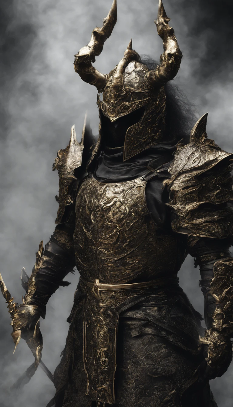 warrior, concept-art, author：Kishiganku, Fantasy art, Zen temple background, clean render, a horned, Wear a suit of armor, Detailed bushido form smoke, helmet of a forgotten deity, character is standing, 8k Realistic, in game render, detailed face background detail, Art station front page, taur, Pseudo-medieval fantasy, A deity wearing koi armor, detailed bronze armor, Bronze armor, golden etched armor, gold obsidian armor, Light gold armor, Gorgeous filigree armor, A demonic warrior, Gorgeous armor full of thorns, Intricate assasin armor, Intricate metal armor, powerful warrior, Dressed in gorgeous gold armor，Decorated with intricate patterns, The helmet has a large crown and two horns,Glowing red eyes， Everything is in the dark, The smoky background hints at the battle scene, Add an ominous aura to his character，The Demon's Giant Demon Wings，submission, Full body shot.