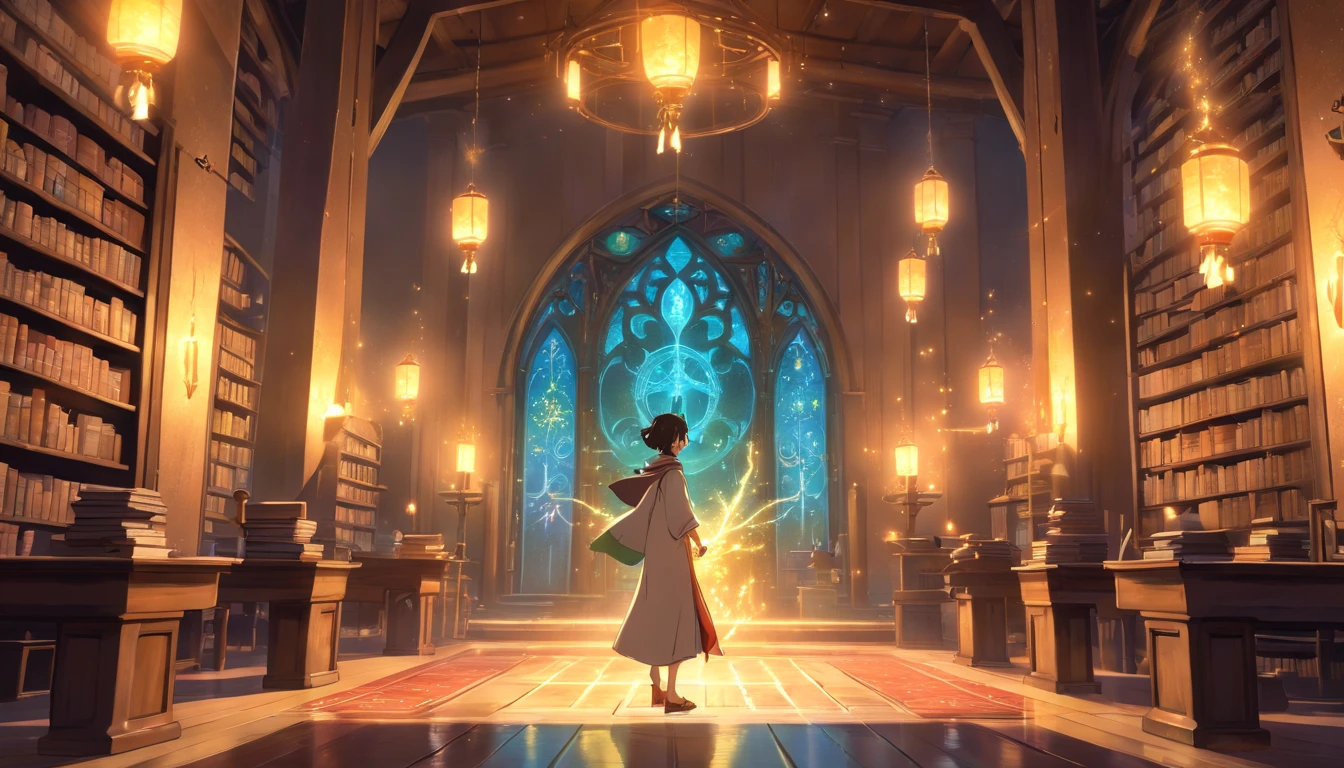 (best quality,4k,8k,highres,masterpiece:1.2),ultra-detailed,(realistic,photorealistic,photo-realistic:1.37),grand wizard academy library,magical aura,floating books,glowing sigils and runes,ancient manuscripts,vintage bookshelves,spiral staircase,enchanted atmosphere,dimming candles,mysterious shadows,aged parchment,richly adorned books,arcane knowledge,dusty tomes,magical incantations,hints of alchemy,whispering enchantments,spellbound ambiance,flickering torches,hidden passages,secret doorways,crackling fire,spell books,sparkling dust,ancient spells,powerful grimoires,magical manuscripts,glowing orbs of light,mystical symbols,otherworldly energy,serene stillness,ancestral wisdom,majestic tapestries,arcane artifacts,mystic gargoyle statues,dimly lit lanterns,illuminated manuscripts,magical knowledge,enchanted library scent,vibrant colors,ethereal whispers