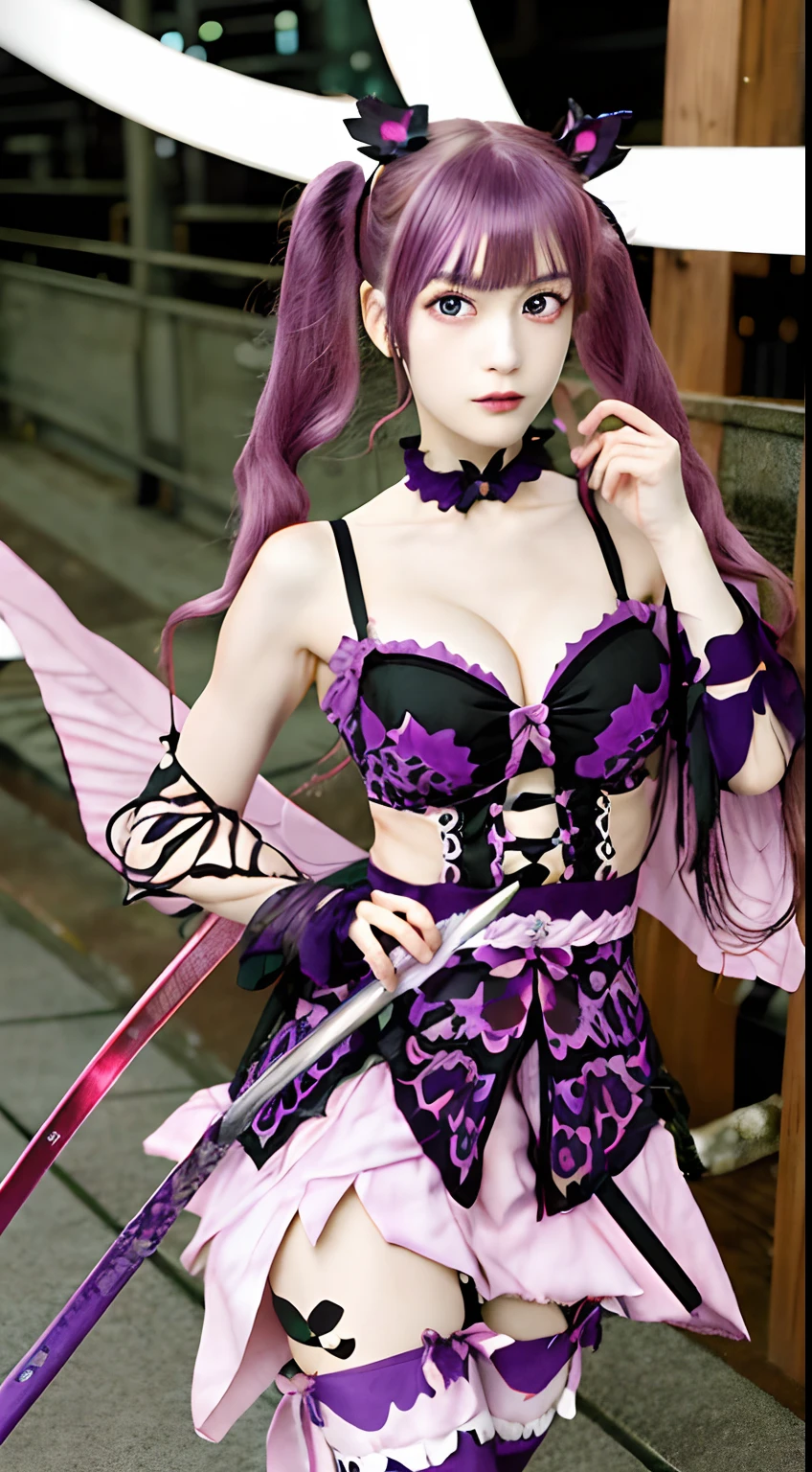 (by Olafur Eliasson:0.9) , RAW photo, light-weight (kochou shinobu, kimetsu no yaiba, haori, butterfly, ribbon, zettai ryouiki, highly detailed eyes,purple eyes,weapon, sword,cleavage:1.1) , Pink hair styled as Afro, Graphic novel, Joyful, Neo-Fauvism,(bokeh, dynamic angle, city, on street, midnight, Shibuya,:0.8)