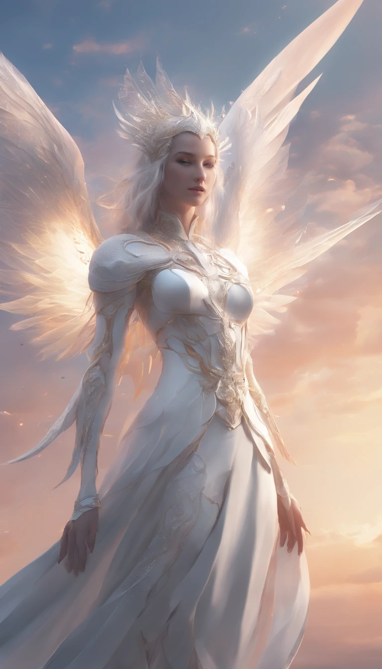 It flies very lightly, Holy,White Elves, long ear,white wings on back,shining brightly, The whole body is in the frame, Against the background of colored sky, RAW photo, Hyper-realistic, Remote, product-view, ArtStation Trends,Super high quality, Digital art, Delicate and delicate, 4K, Soft lighting, Dreamy, Ethereal, Unreal Engine rendering, 8K UHD, hdr, High quality, Ultra detailed, filmgrain.