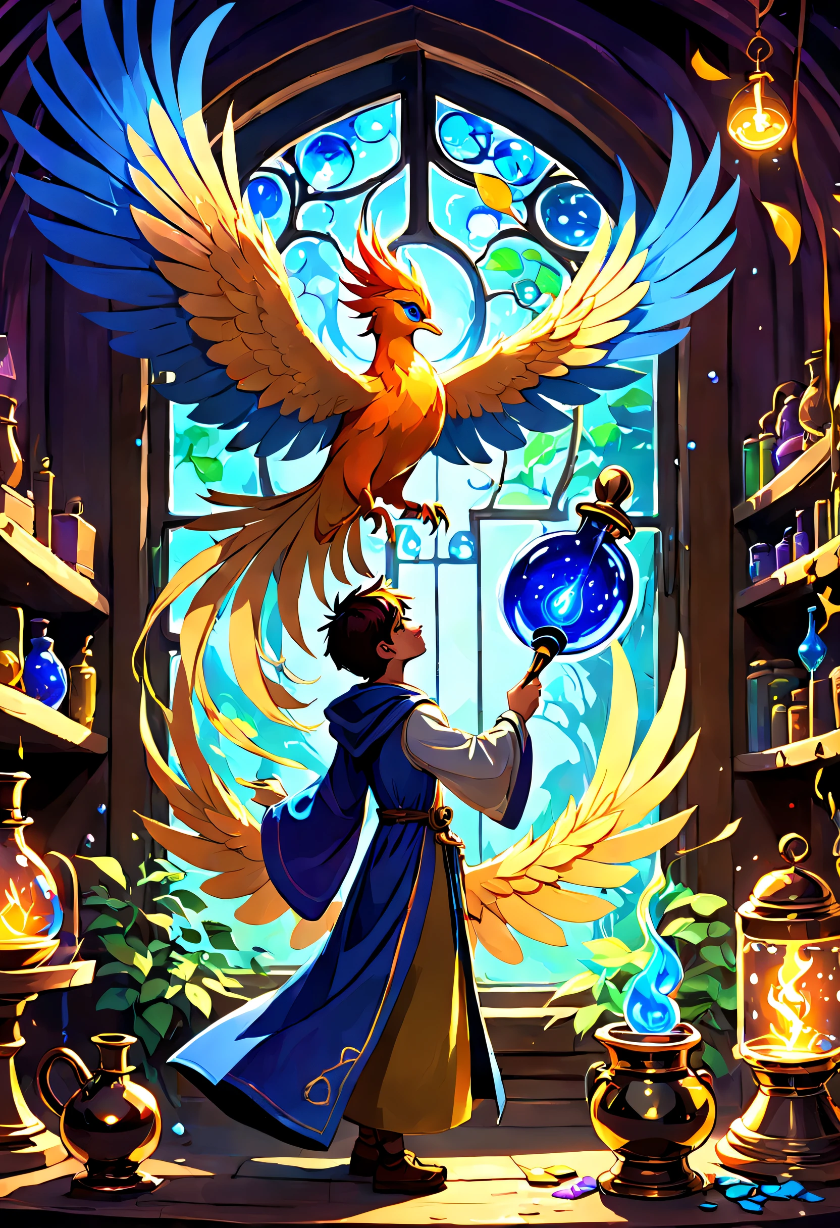 In this magical academy, hidden deep within an enchanted forest, a young alchemist works diligently in their alchemy lab, surrounded by glowing runes and colorful flasks. As they carefully stir a bubbling cauldron, the air fills with exotic fragrances and the delicate sound of their brass spoon chimes against the bronze vessel. Suddenly, a magnificent phoenix swoops through the open window, its wings casting vibrant hues of blue and gold across the room's walls. The mythical bird gracefully lands beside the apprentice, who looks up from their work in delight, and for a few precious moments, they share a deep connection and exchange invaluable wisdom – the student learning ancient secrets from the regal creature, and the phoenix embodying the academy's ethereal power.