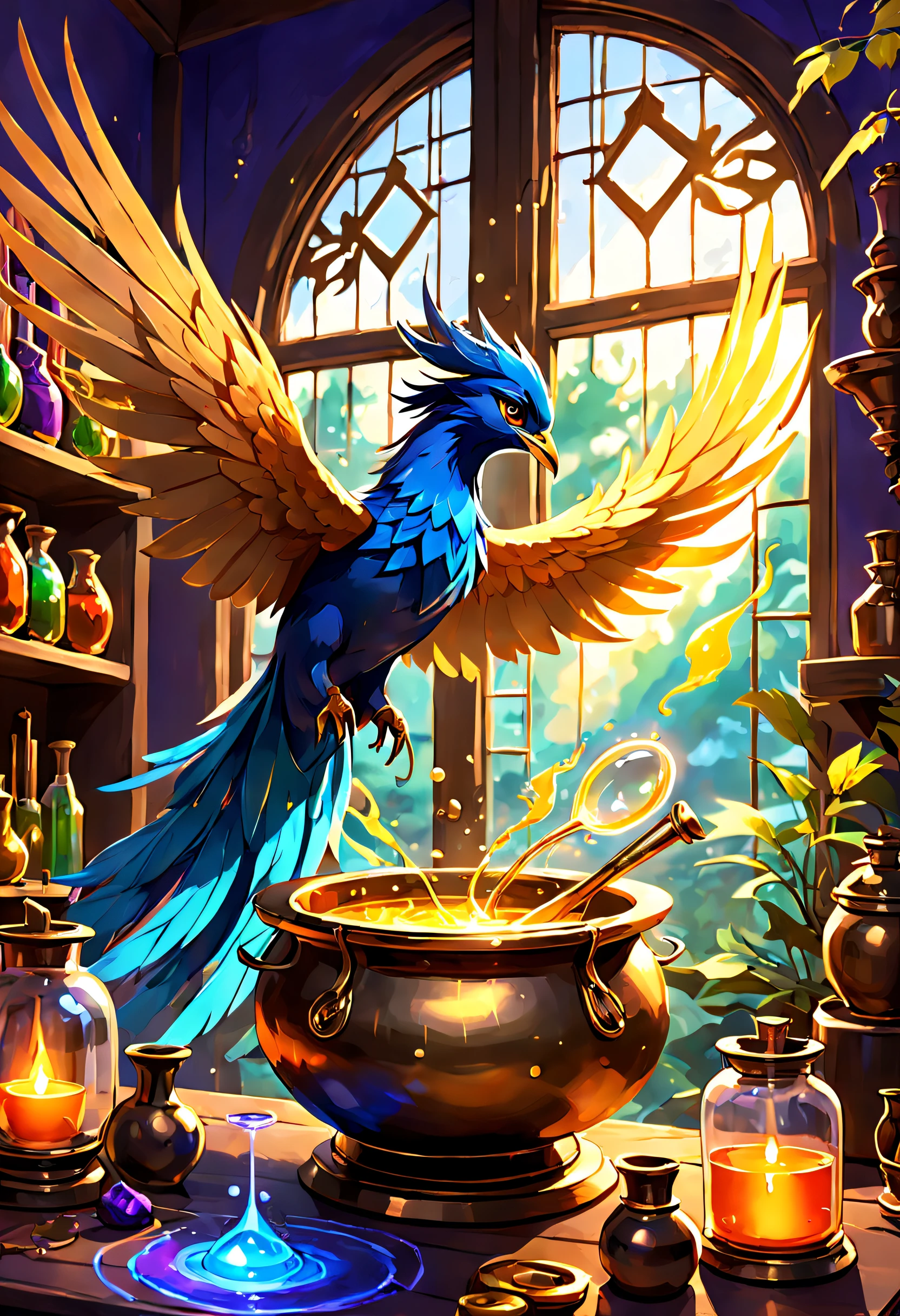 In this magical academy, hidden deep within an enchanted forest, a young alchemist works diligently in their alchemy lab, surrounded by glowing runes and colorful flasks. As they carefully stir a bubbling cauldron, the air fills with exotic fragrances and the delicate sound of their brass spoon chimes against the bronze vessel. Suddenly, a magnificent phoenix swoops through the open window, its wings casting vibrant hues of blue and gold across the room's walls. The mythical bird gracefully lands beside the apprentice, who looks up from their work in delight, and for a few precious moments, they share a deep connection and exchange invaluable wisdom – the student learning ancient secrets from the regal creature, and the phoenix embodying the academy's ethereal power.