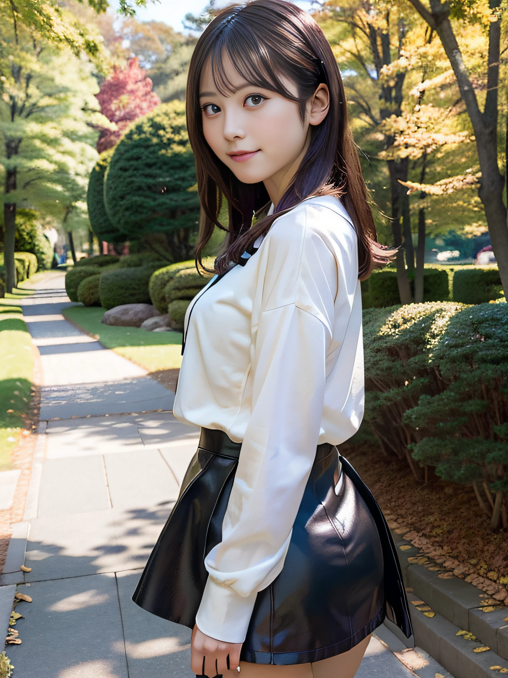in 8K,Best Quality:1.4, 超A high resolution:1.5, (Photorealistic:1.4),masterpiece:1.2,(top-quality:1.4)、 Raw photo、Japan girls in casual clothes、Hi-Res、The ultra-detailliert、natural skin textures:1.3, realistic eyes and face details:1.7、nogizaka, cute face、30-years old:1.2、thighs thighs thighs thighs、beauty legs、Textured skin:1.2 、 (Shy smile:1.2)、Medium chest、Black eyes with beautiful details、(Casual clothing:1.2)、FULL BODYSHOT、Colored leaves、a miniskirt:1.2、is standing、autumnal、(Park on the hill)、beautful view、Backshots