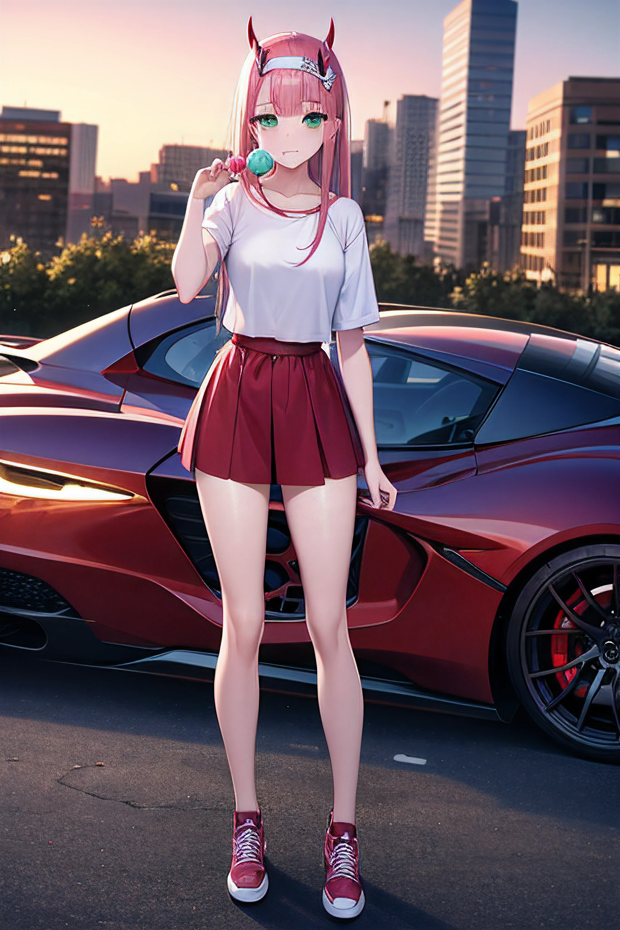 Zero two, pink hair, full body, next to a sports car, green eyes, red headband with red horns, casual clothes, licking a candy, in a city, at dusk