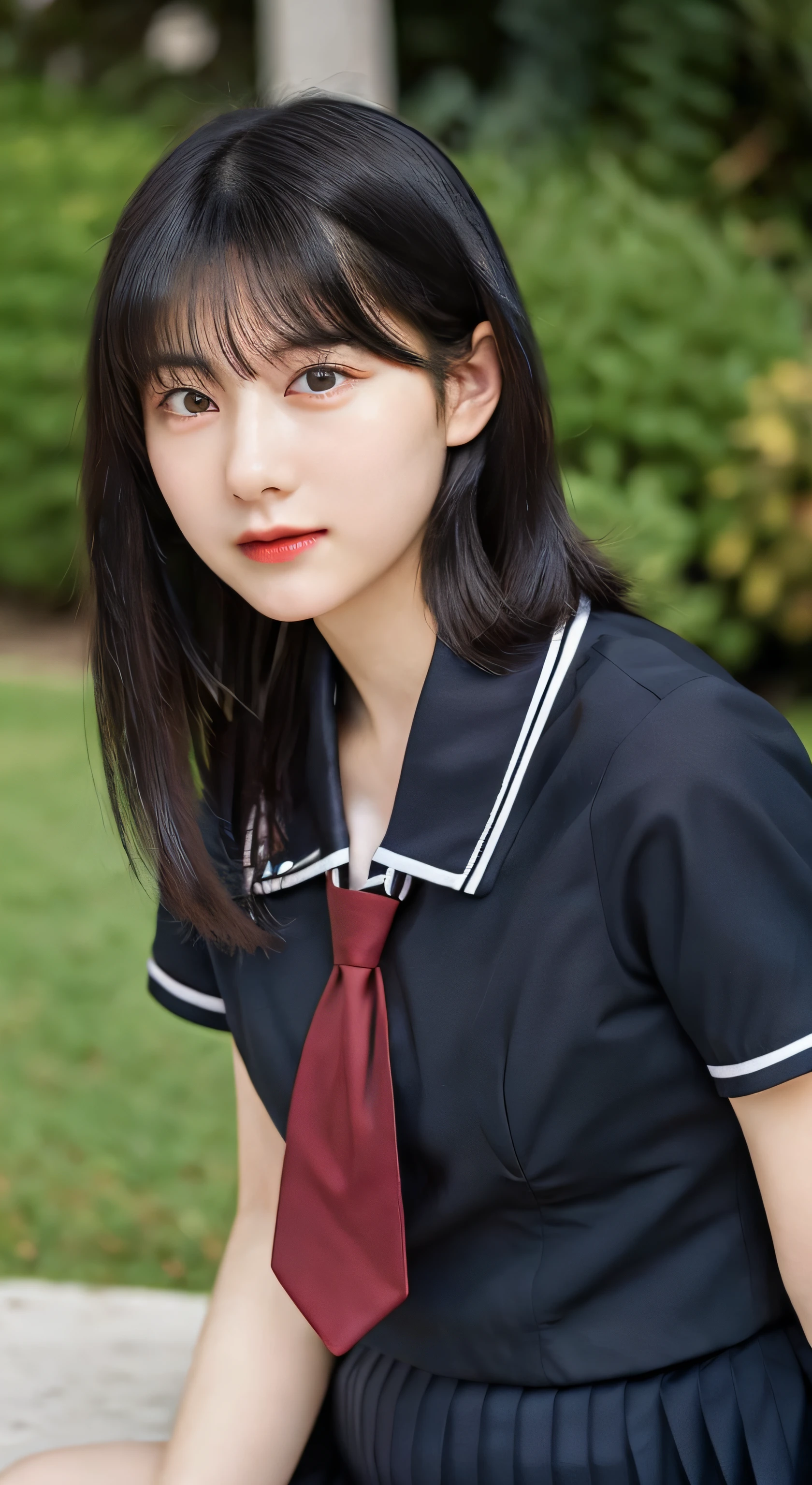 (masutepiece, Best Quality:1.2), 8K, 15yo student, 85 mm, Official art, Raw photo, absurderes, White dress shirts, Pretty Face, close up, Upper body, violaceaess, gardeniass, Beautiful Girl, School uniform, (Navy pleated skirt:1.1), Cinch West, thighs thighs thighs thighs, Short sleeve, on train, Sit on a bench seat, Looking at Viewer, No makeup, (Smile:0.4), Film grain, chromatic abberation, Sharp Focus, face lights, clear lighting, Teen, Detailed face, Bokeh background, (dark red necktie:1.1)、Korean Idol、Nogizaka Idol、hposing Gravure Idol、Adults、女優、cute little、