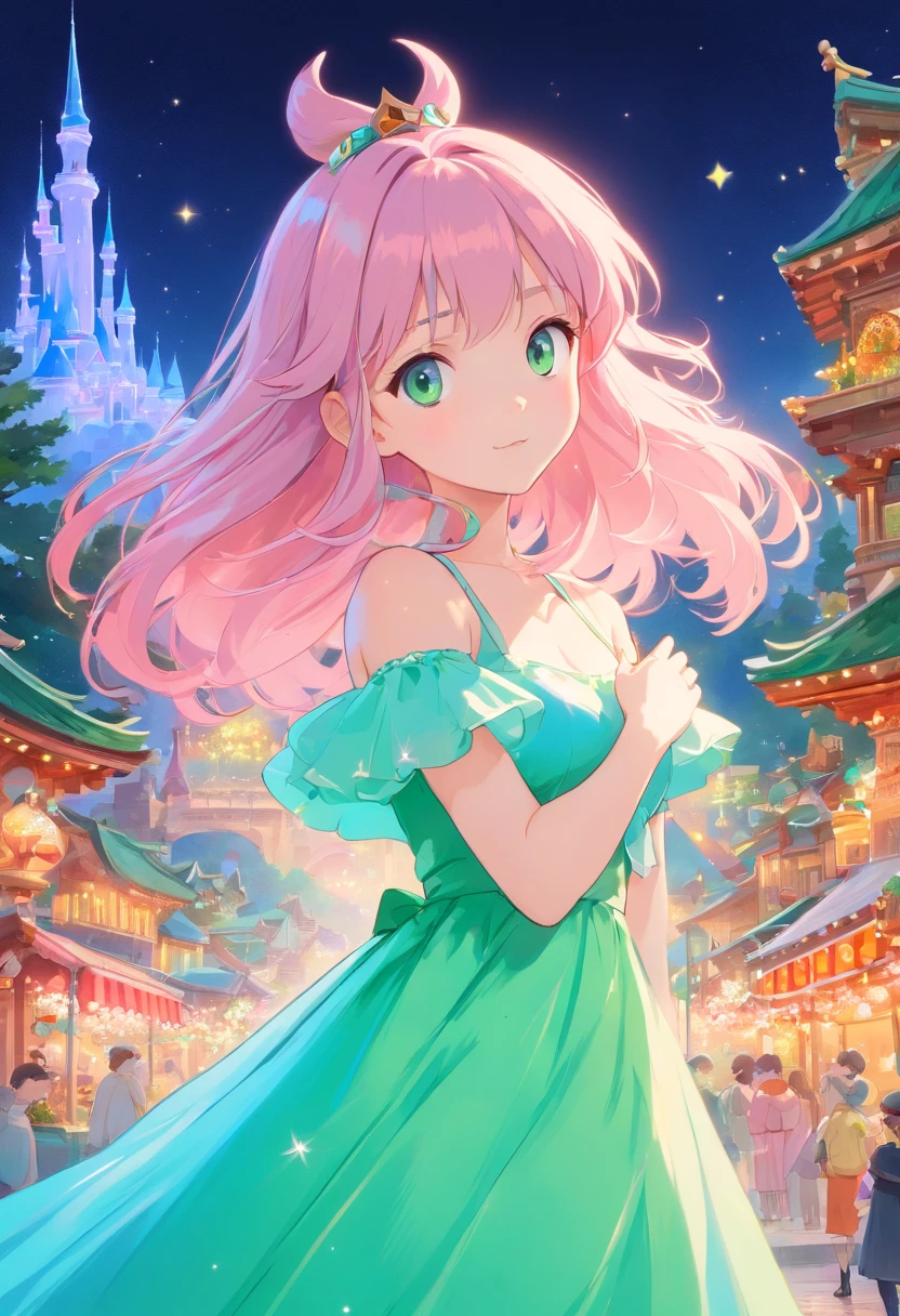 (Fluorescent color:1.4)、(semi transparent:1.4)、(Retro Filter:1.4)、(Fantasia:1.4)、 candy world disneyland airy soft fluffy soft landscape forest snow avatar pastel pink sky green blue glow ethereal light pastel colors whimsical light rainbow stars diamond sparkling jewel background super realistic super realistic super high quality cinematic lighting huge details full hd painting well illuminated、Diagonal bangs、 collared dress、Aspect Masterpiece, top-quality,realskin,(portlate:1.5), 1girl in, bluntbangs, length hair