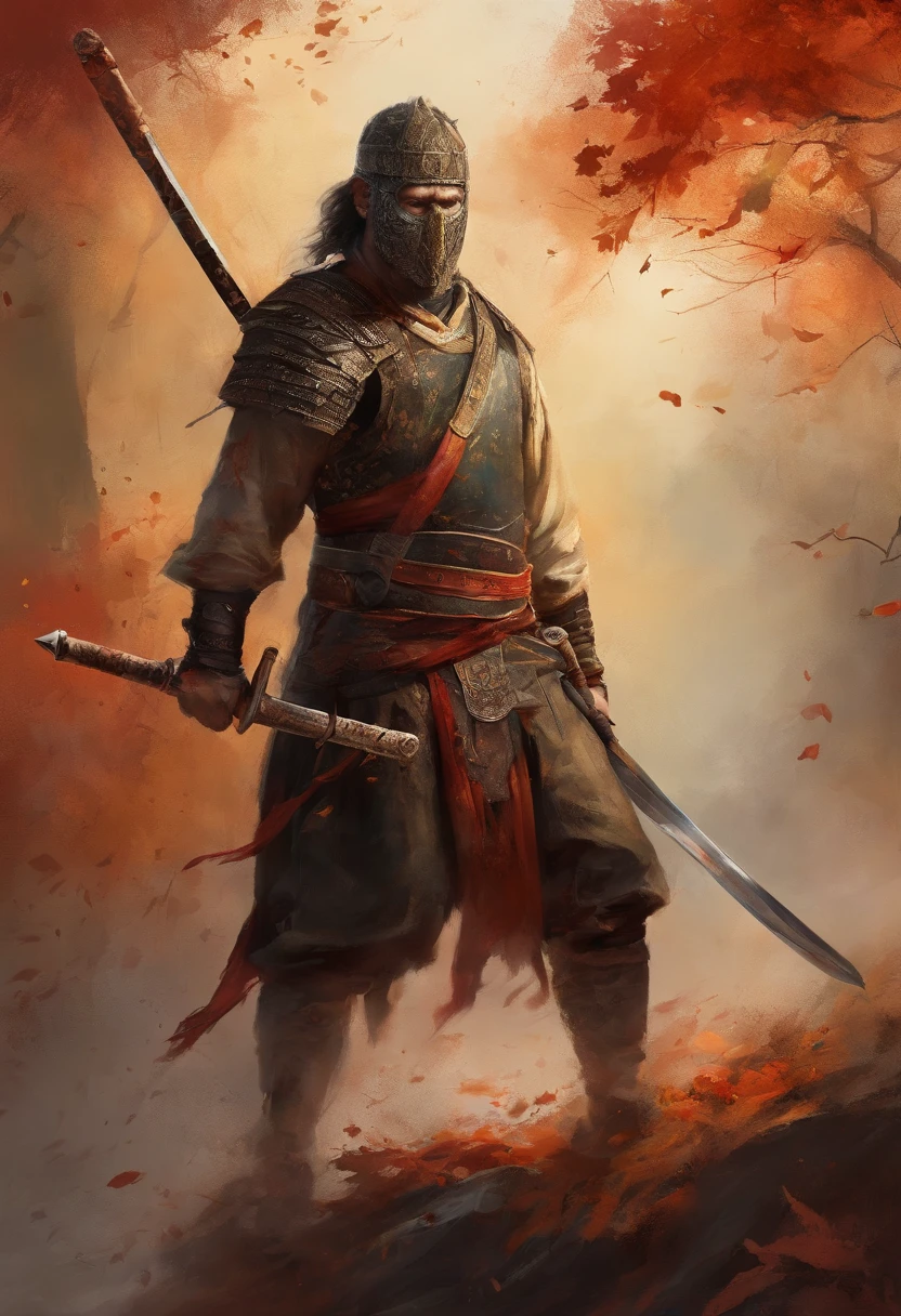 (8k, 16k, Galardonado, highest qualityr, High resolution, Super detail,), Highly detailed 4K resolution digital illustrations, (Zombie Swordsman: 1.3), samurais, The lighting is dynamic, Detalles acentuados e intrincados, Splash Art with triadic colors and deep tones, Estilo de libro de cuentos, Los guerreros no tienen pelo, Optimal camera models and lenses, Espadas japonesas, Large trees with autumn leaves, hojas rojas, Return of blood, Belleza abrumadora, a lot of A sword stuck in the ground, A symbol of strengt, arabic warrior, blurry face