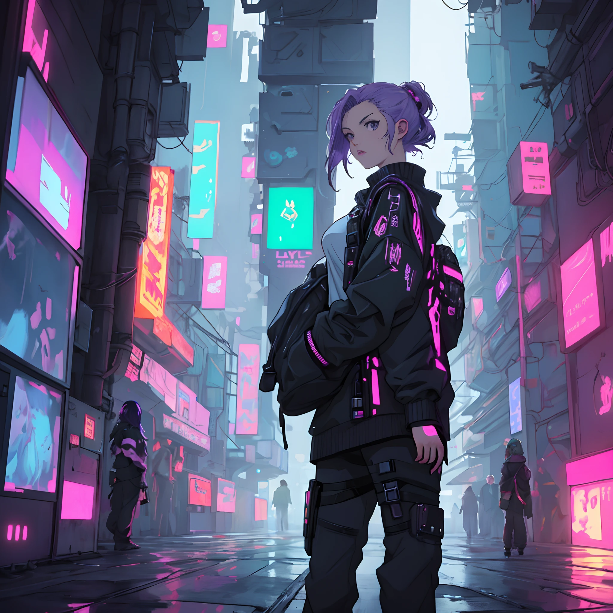Anime girl with white and purple locks on hair with cyberpunk theme