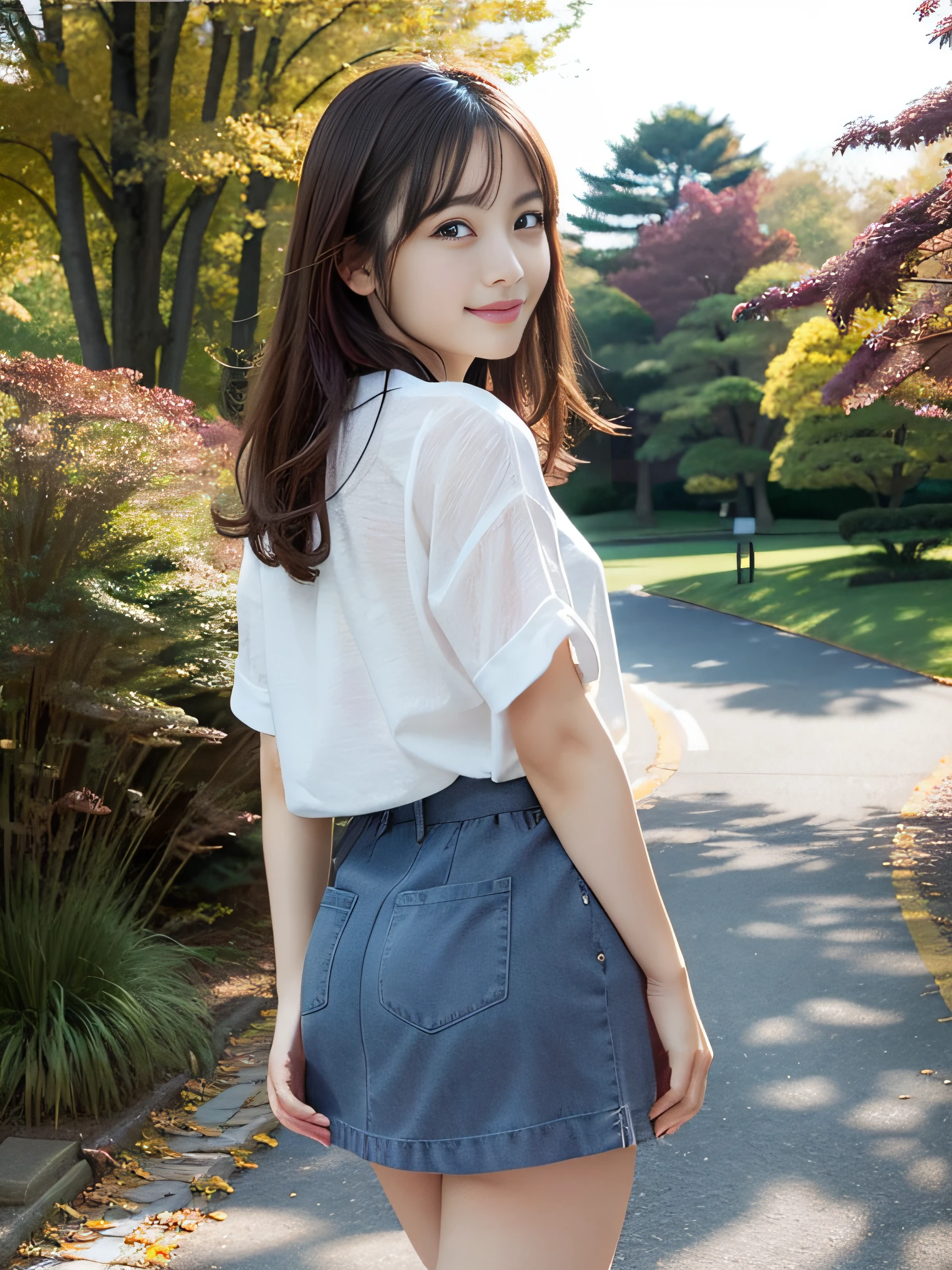 in 8K,Best Quality:1.4, 超A high resolution:1.5, (Photorealistic:1.4),masterpiece:1.2,(top-quality:1.4)、 Raw photo、Japan girls in casual clothes、Hi-Res、The ultra-detailliert、natural skin textures:1.3, realistic eyes and face details:1.7、nogizaka, cute face、30-years old:1.2、thighs thighs thighs thighs、beauty legs、Textured skin:1.2 、 (Shy smile:1.2)、Medium chest、Black eyes with beautiful details、(Casual clothing:1.2)、FULL BODYSHOT、Colored leaves、a miniskirt:1.2、is standing、autumnal、(Park on the hill)、beautful view、Backshots