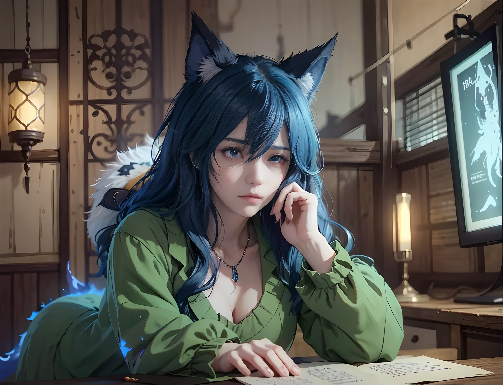 8k, top-quality, (pubic hair beauty)、hight resolution, realisticlying, realperson, Blue flame-like fur、((Big Fenrir))、The humans who made a contract with Fenrir、Adventurer dressed in green、1. Fenrir、Beautiful girl with a troubled face1a person