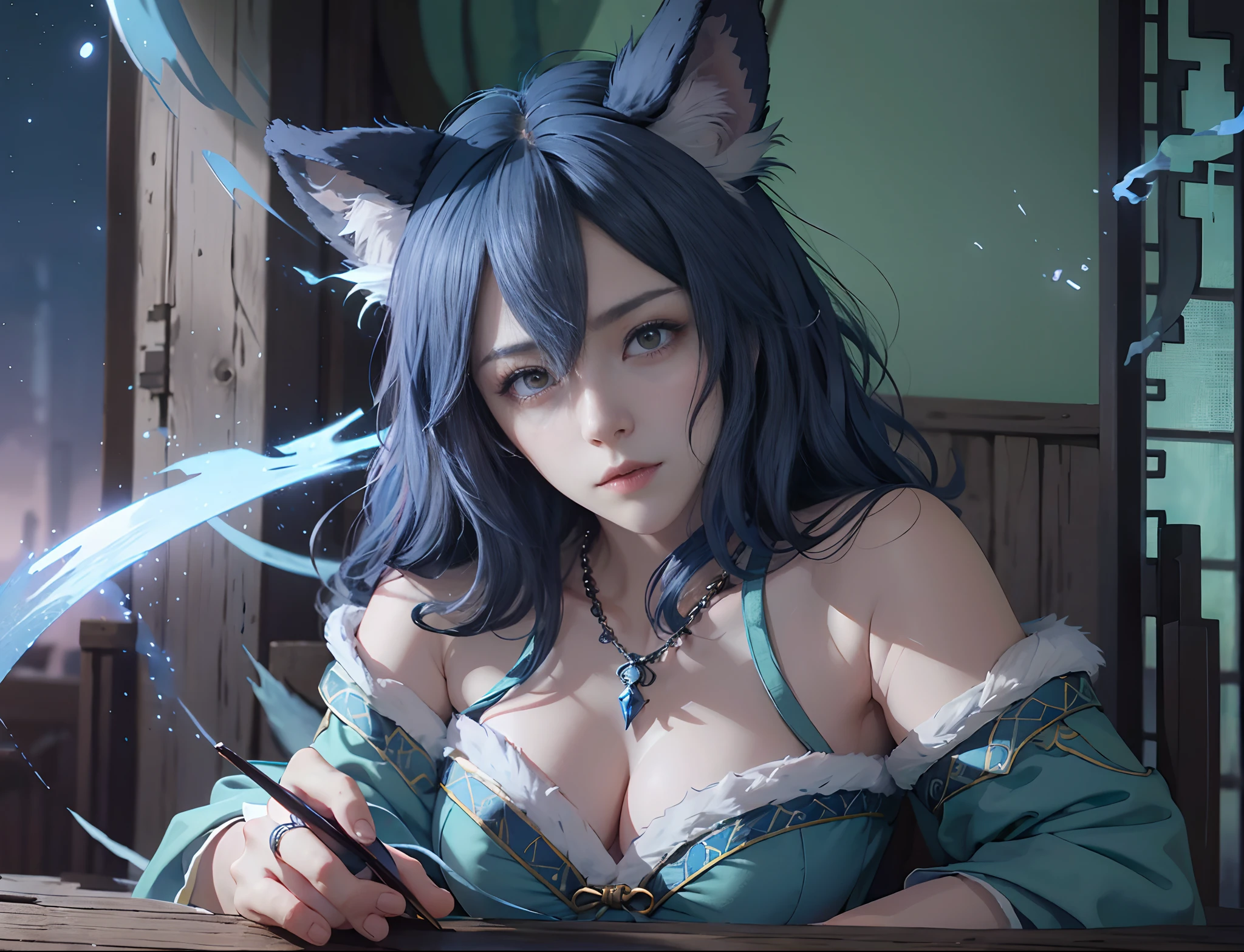 8k, top-quality, (pubic hair beauty)、hight resolution, realisticlying, realperson, Blue flame-like fur、((Big Fenrir))、The humans who made a contract with Fenrir、Adventurer dressed in green、1. Fenrir、Beautiful girl with a troubled face1a person