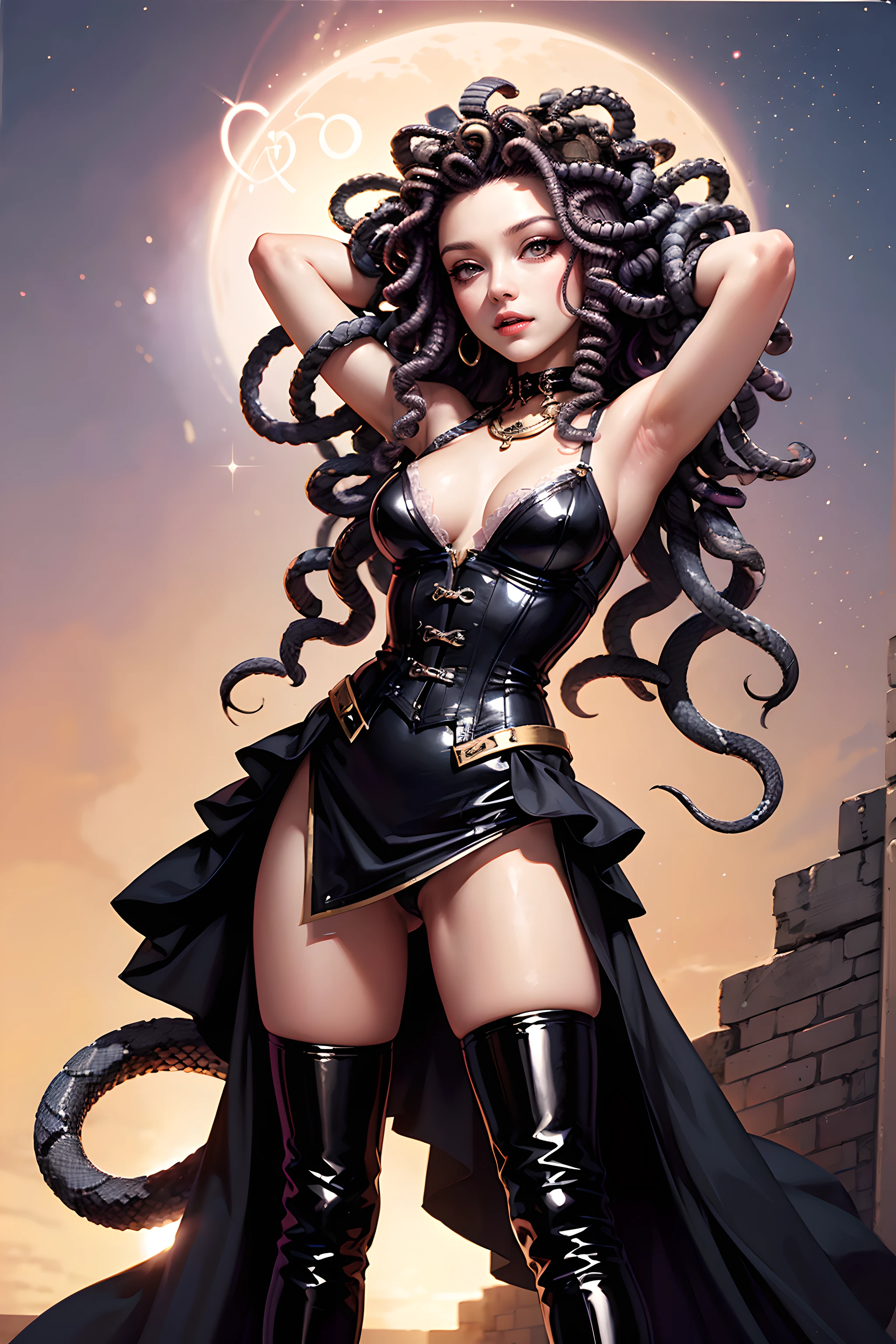 (magical academy:1.2), (fantasy:1.2), (magic:1.2), monster girls, long hair, snakes, gorgon, snake hair, BREAK, Beautiful illustration, top-quality, (cute Russian medusa girl, white people:1.3, Caucasian:1.3), having medusa features, (medusa:1.5), BREAK, (medusa hair:1.5), (snake hair:1.3), (hair is composed of countless small snakes:1.3), (pink eyes, pale skin:1.1), (beautiful, 20 years old:1.5), slim, slender, (small-medium breasts), clean face:1.3, BREAK, (black elegant full lacy dress), (latex corset), (black latex stockings), (knee-high-over-boots, pin-hells), (insanely detailed clothes), BREAK, (arms up behind head:1.5), (charmed:1.5), heart pink eyes, lovely thighs, (looking straight at the viewer:1.3), (view viewer:1.3), top angle, (((magical academy background:1.5))),