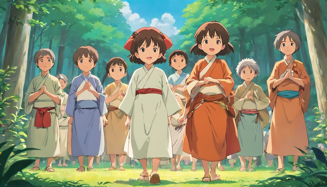 A group of children dressed in ethnic minority costumes gathered in a semicircle to watch the excitement