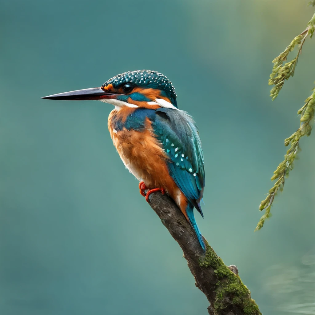 A captivating bird photograph featuring a vibrant and graceful kingfisher. The kingfisher is perched on a slender branch overlooking a crystal-clear river. Its plumage shines with iridescent shades of blue and green, and its beady eyes are fixed on the rippling water below. The scene is bathed in soft, golden sunlight, casting a warm glow on the bird and its surroundings. The atmosphere is one of tranquil beauty and anticipation. Use a professional DSLR camera with a telephoto lens to capture the kingfisher's intricate details and the serene river landscape. --ar 16:9 --v 5