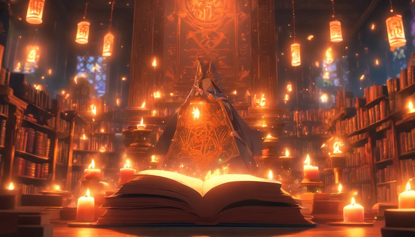 best quality, masterpiece, grand wizard library, magical aura, glowing sigils and runes, floating books and candles and lanterns, cinematic composition, volumetric lighting