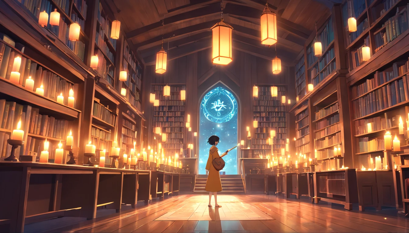 best quality, masterpiece, grand wizard library, magical aura, glowing sigils and runes, floating books and candles and lanterns, cinematic composition, volumetric lighting